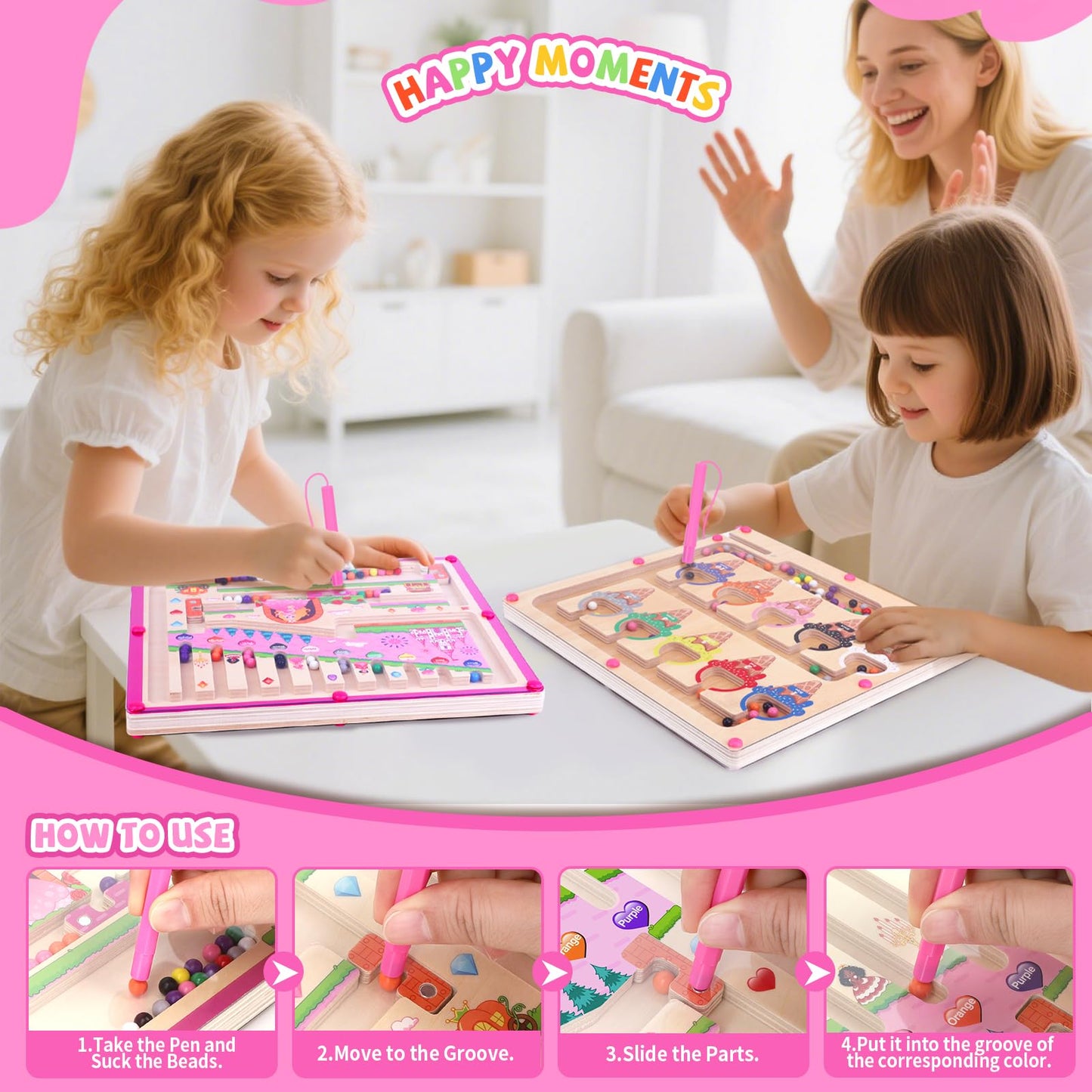 2 in 1 Magnetic Color and Number Maze,Montessori Toy for Toddler Girls,Wooden Magnet Balls Puzzles,Toddler Busy Board Game,Preschool Learning Activities (Princess & Ice Cream)