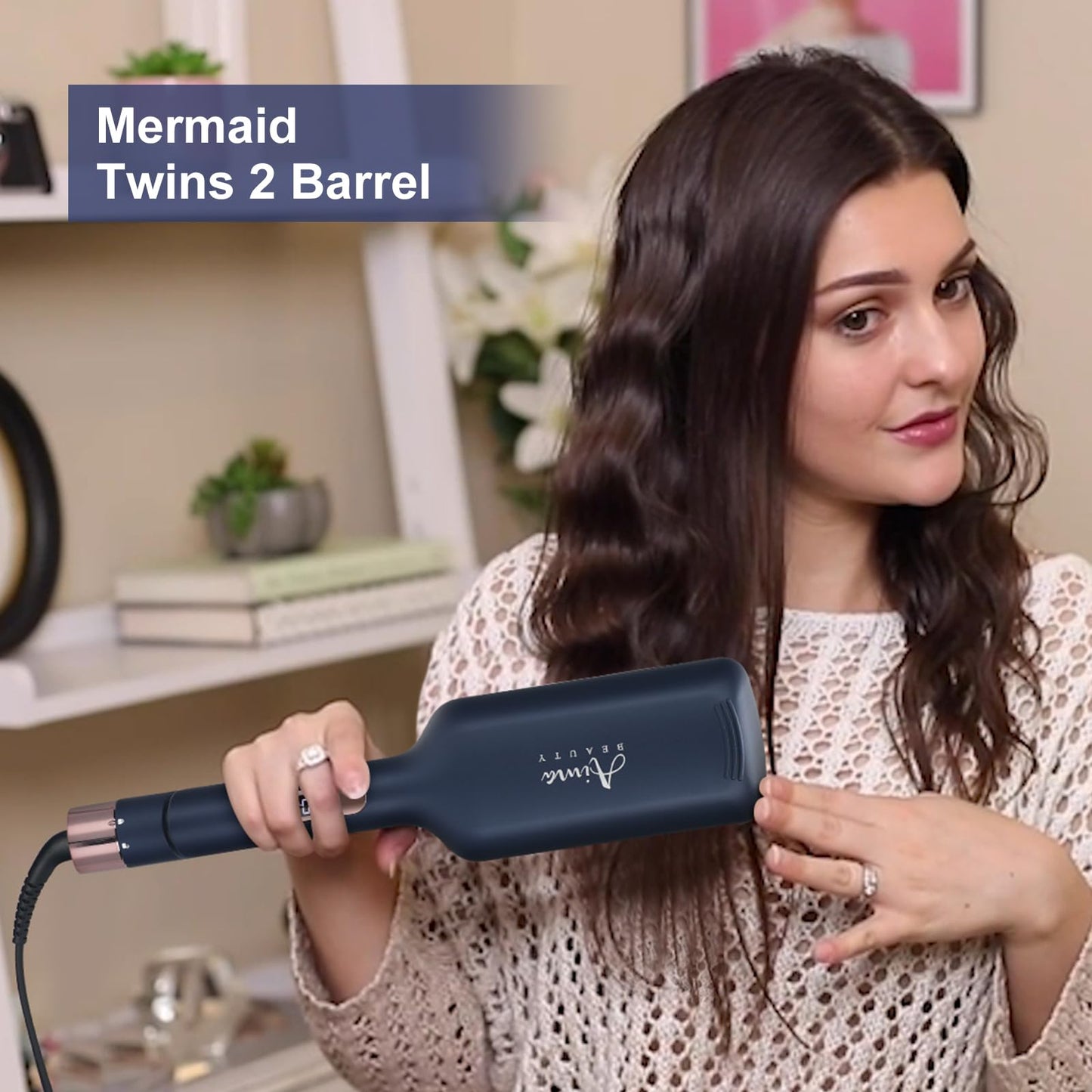 32mm (1.25") Aima Beauty Twins Mermaid Hair Waver, Anti-Scald Hair Crimper 2 Barrel, Beach Wave Curling Iron, Curling Wand with Storage Lock 15S Heats Up for Short/Medium/Long Hair Prussian Blue