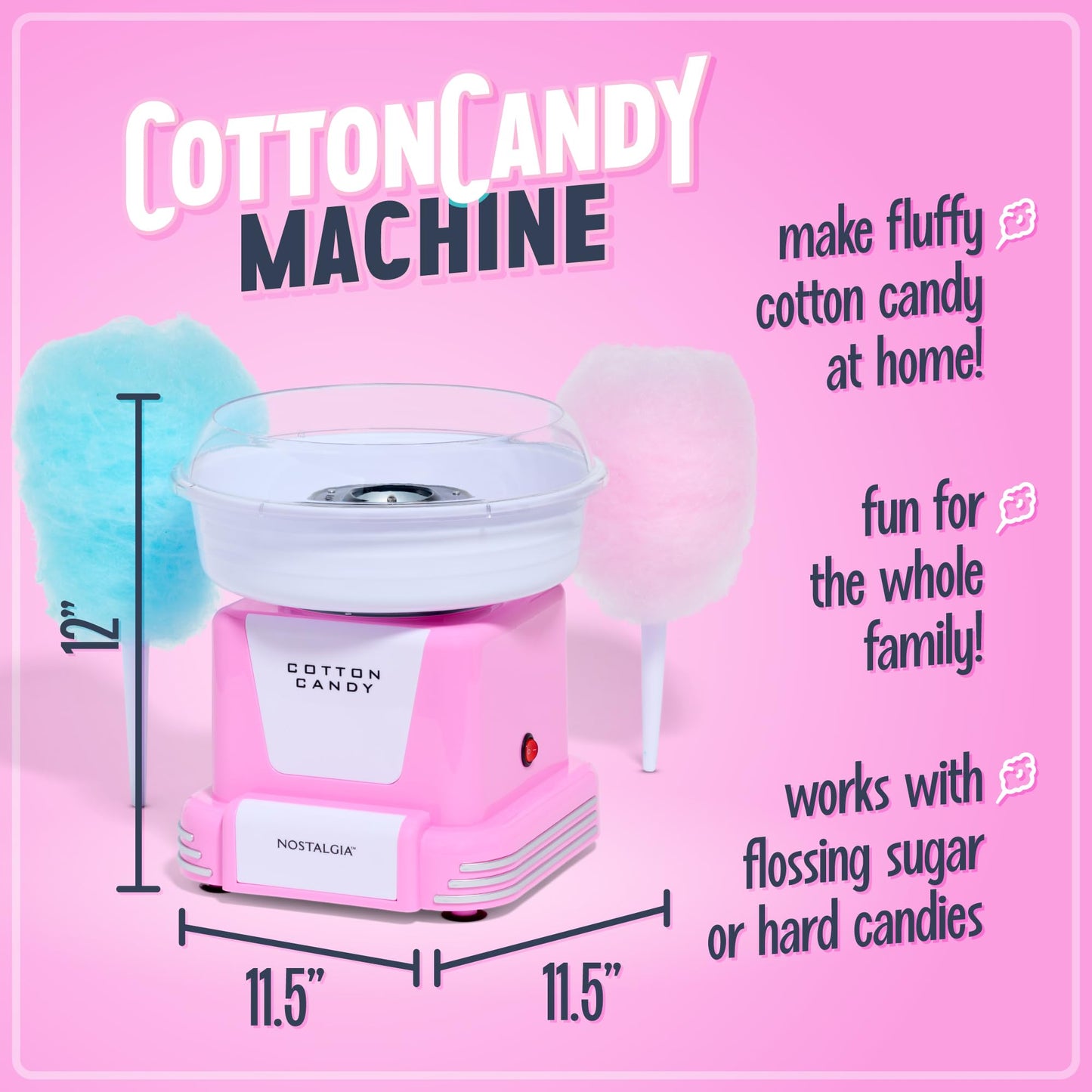 Nostalgia Cotton Candy Machine - Retro Cotton Candy Machine for Kids with 2 Reusable Cones, 1 Sugar Scoop, and 1 Extractor Head – Pink
