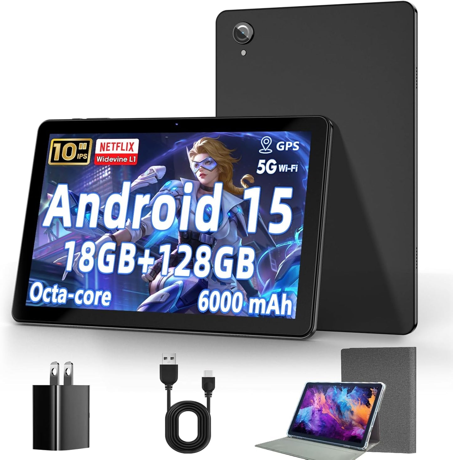 10 Inch Tablet, Android 15 Tablets with 18GB RAM+128GB ROM(Expand to 1TB), Octa Core 1280 * 800 IPS HD Display, 6000mAh Battery, Dual 5MP+8MP Camera, 5G/2.4G WiFi
