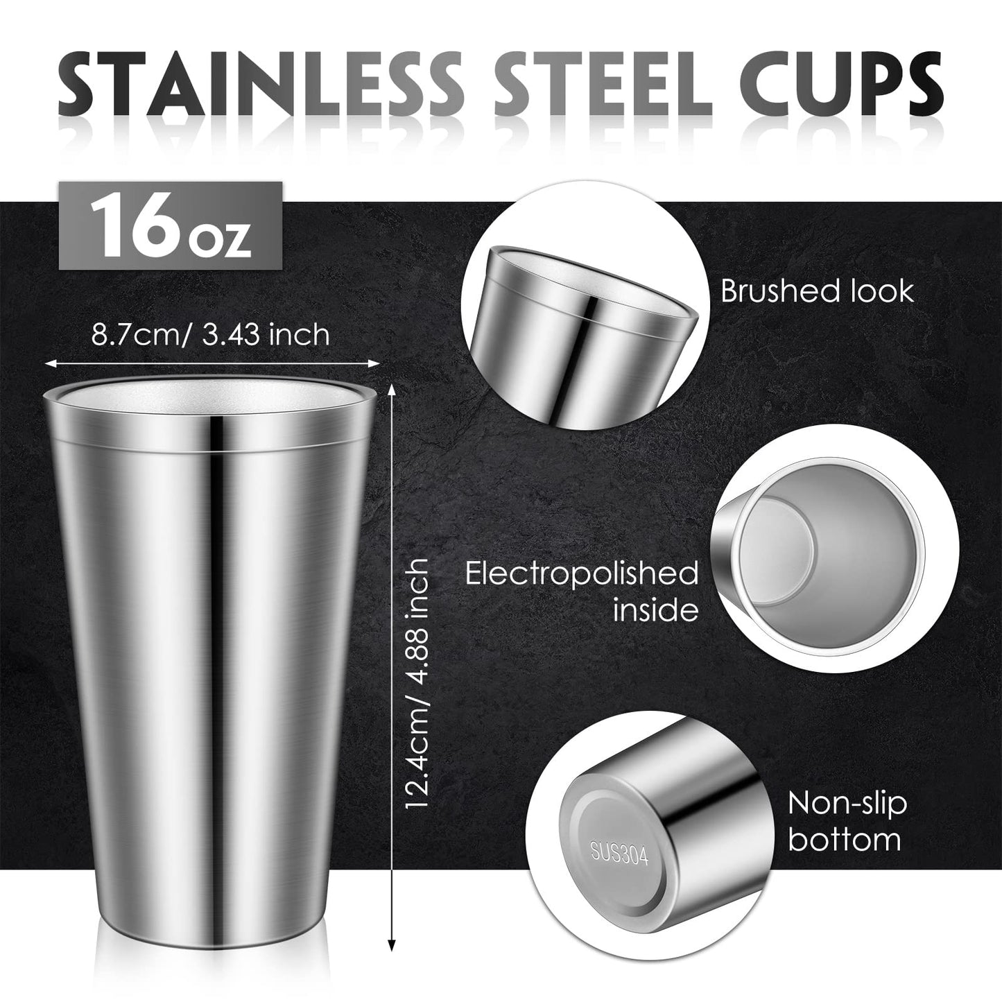 8 Pack Stainless Steel Cups 16 Oz, Double Wall Vacuum Pint Cup Tumbler, Stackable Metal Unbreakable Drinking Glasses for Home and Outdoor