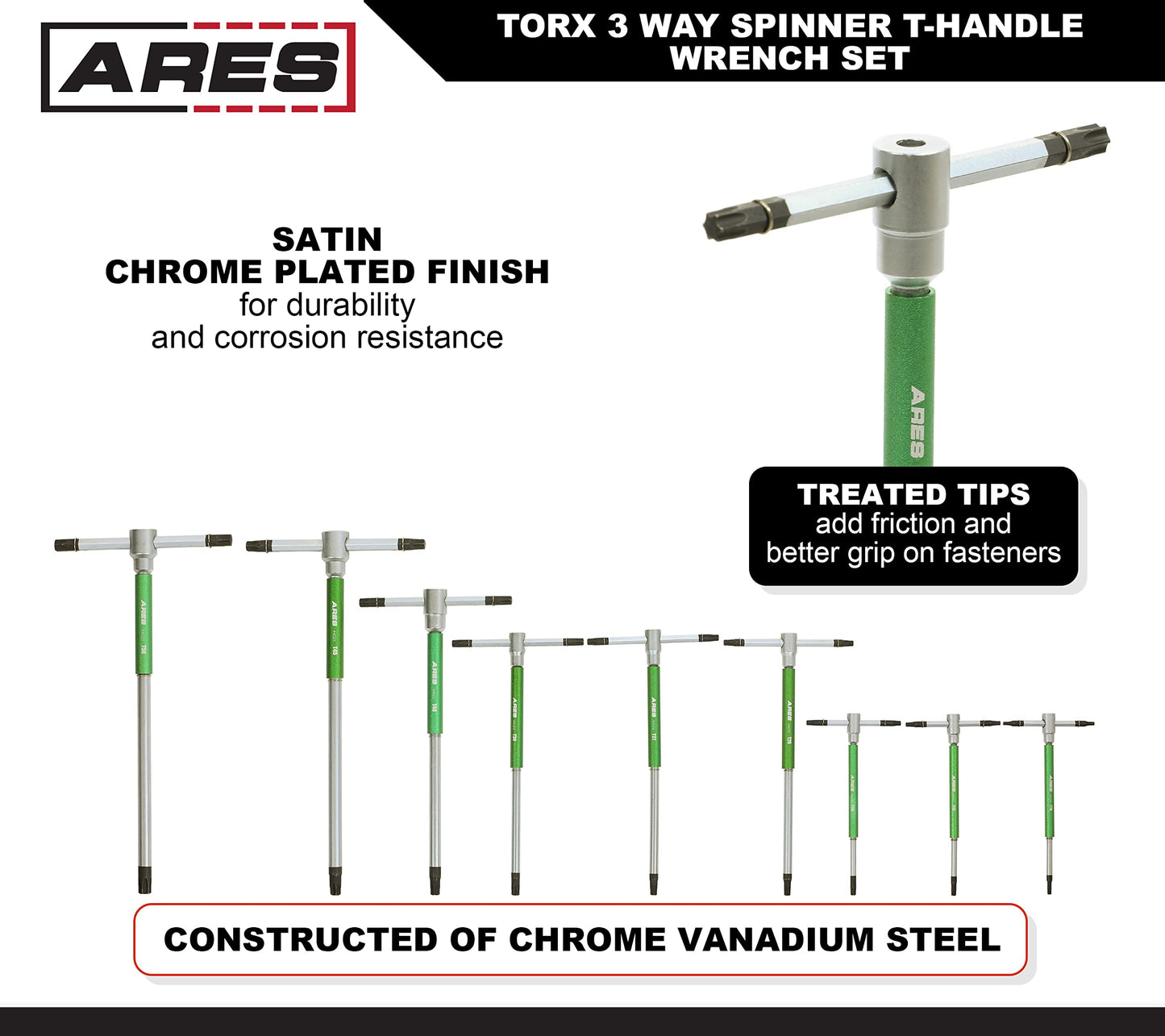 ARES 44003 – 9-Piece Torx 3-Way T-Handle Spinner Star Key Wrench Set – Sizes from T10 to T50 – Sliding Handle, Spinning Sleeve for Versatile Speed and Leverage Application – Friction Treated Tips