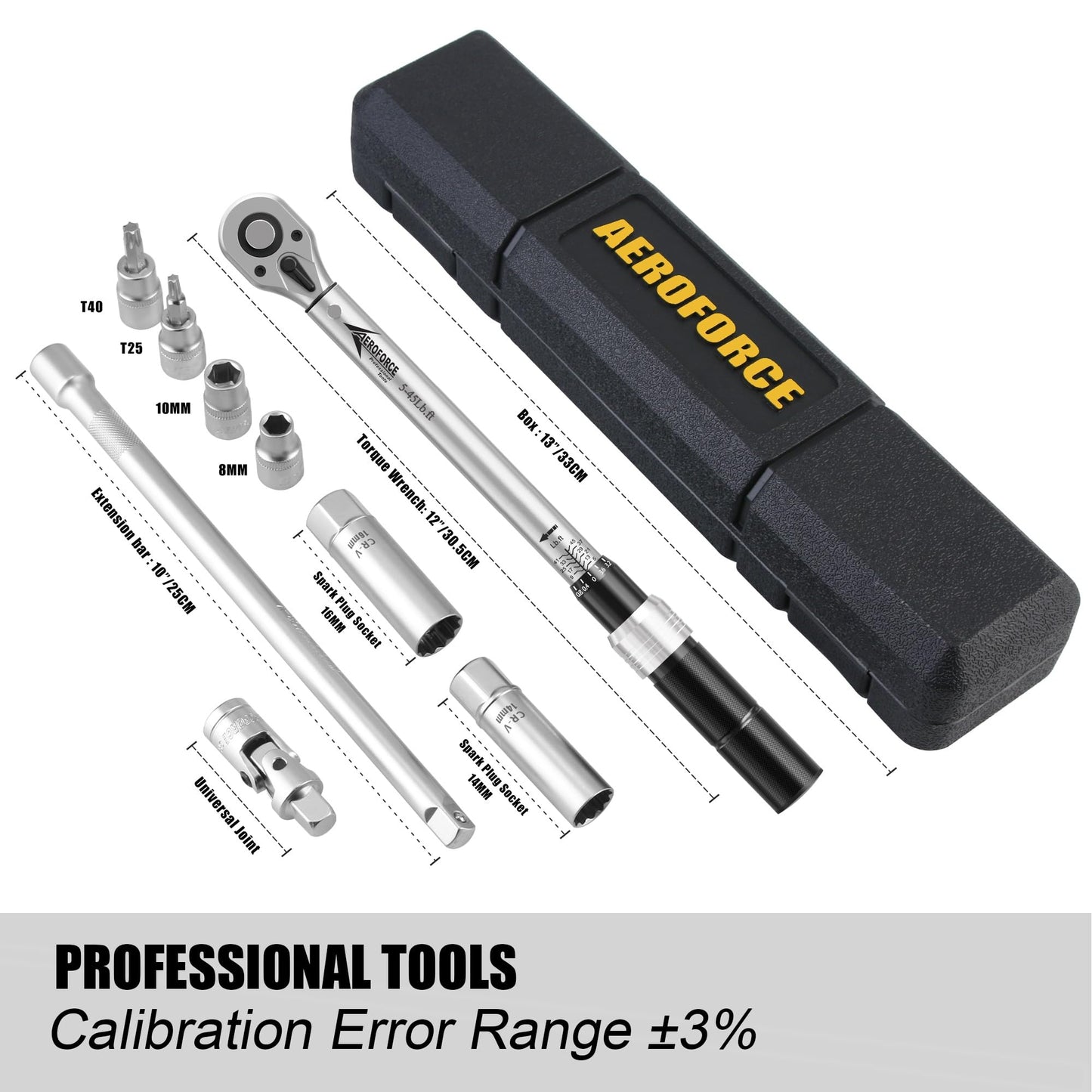 AEROFORCE 9Pcs Magnetic Spark Plug Socket set with 3/8-inch Drive Torque Wrench Set(5-45 Lb.ft/6.8-61.2 Nm),12-Point Sockets 14mm & 16mm, a 10 Inch Extension bar and a Universal Joint