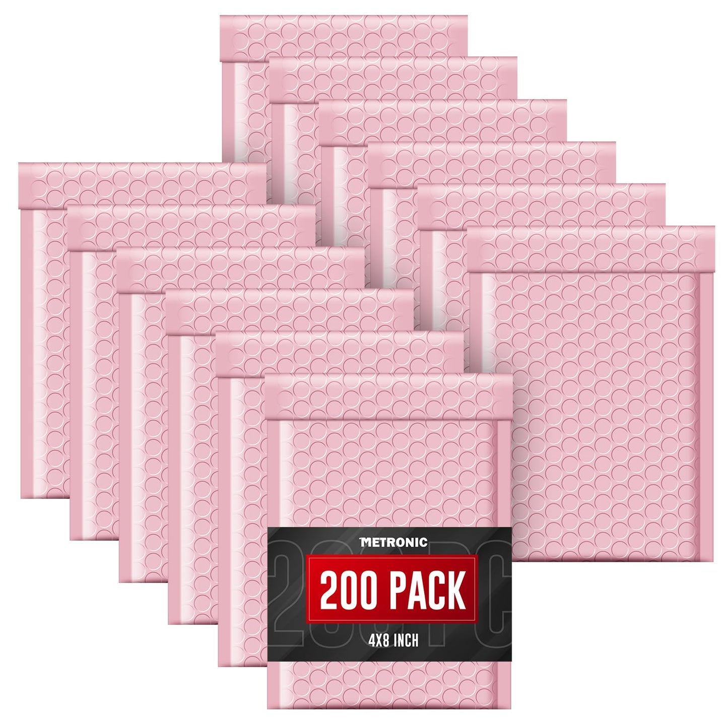 METRONIC 4x8 Bubble Mailers 200Pack, Waterproof Light Pink Padded Mailers, Self Seal Padded Envelope for Small Business Packaging Supplies Bubble Mailer Usable Size 4x7