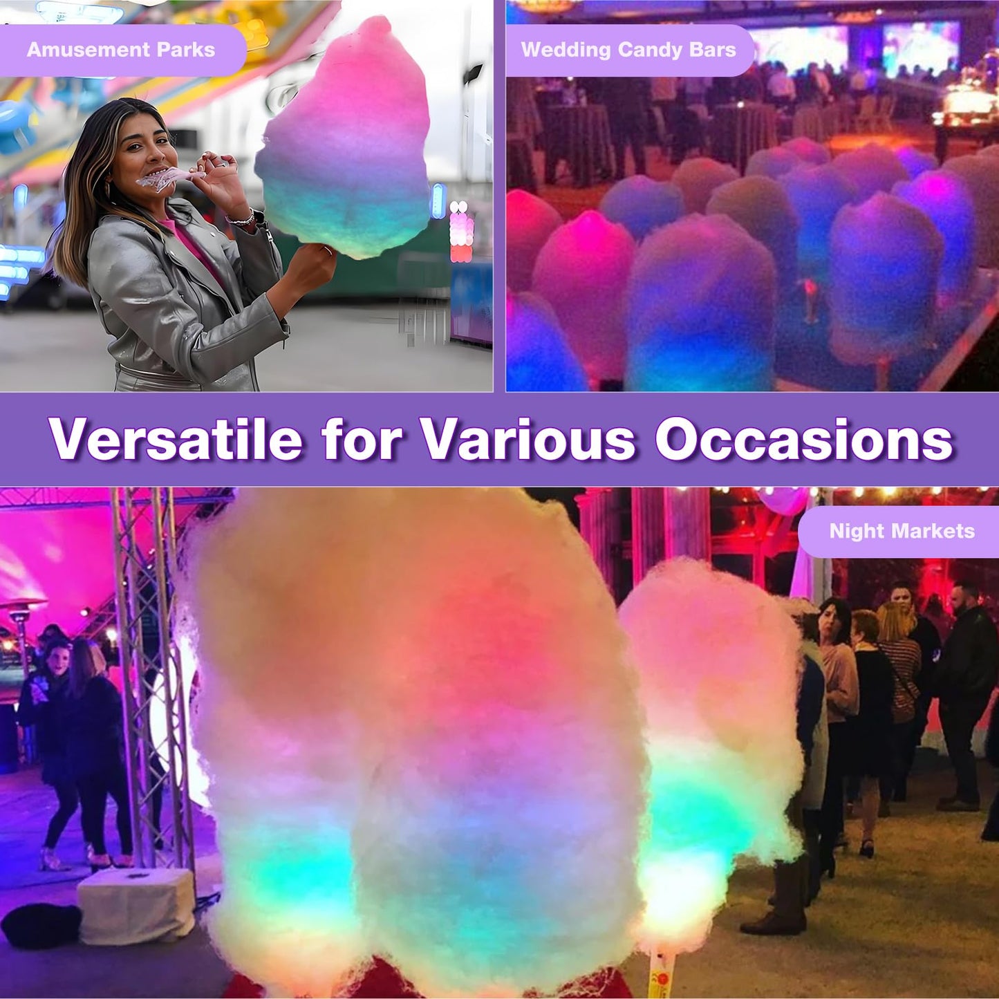 100 Pcs LED Cotton Candy Cones - Glowing Cotton Candy Sticks for Parties - Reusable & Waterproof Cotton Candy Holders - Vibrant Colors for Christmas, Birthdays & Events