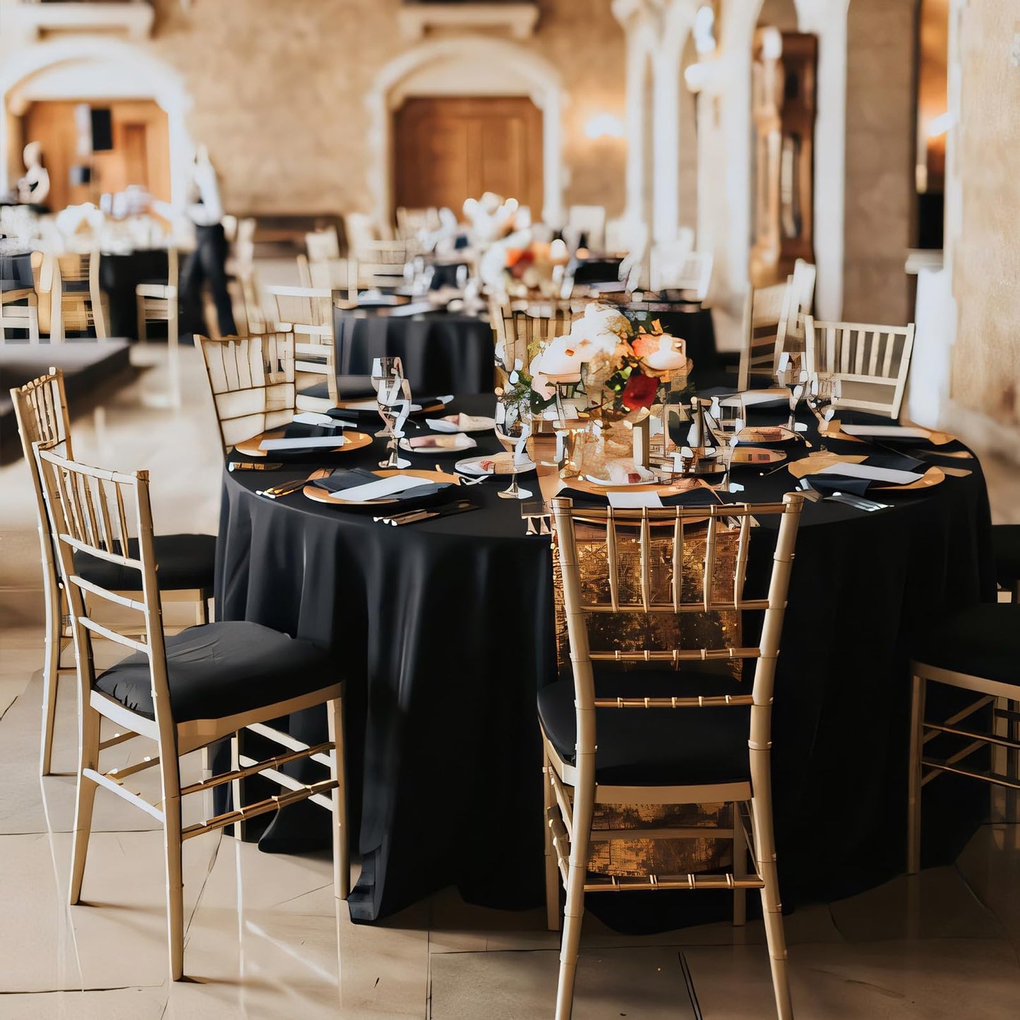 8 Packs 90 Inch Black Round Tablecloth in Diameter, Washable Polyester Fabric Tablecloths, Wrinkle Resistant Table Cloth for Wedding Party Banquet Dining