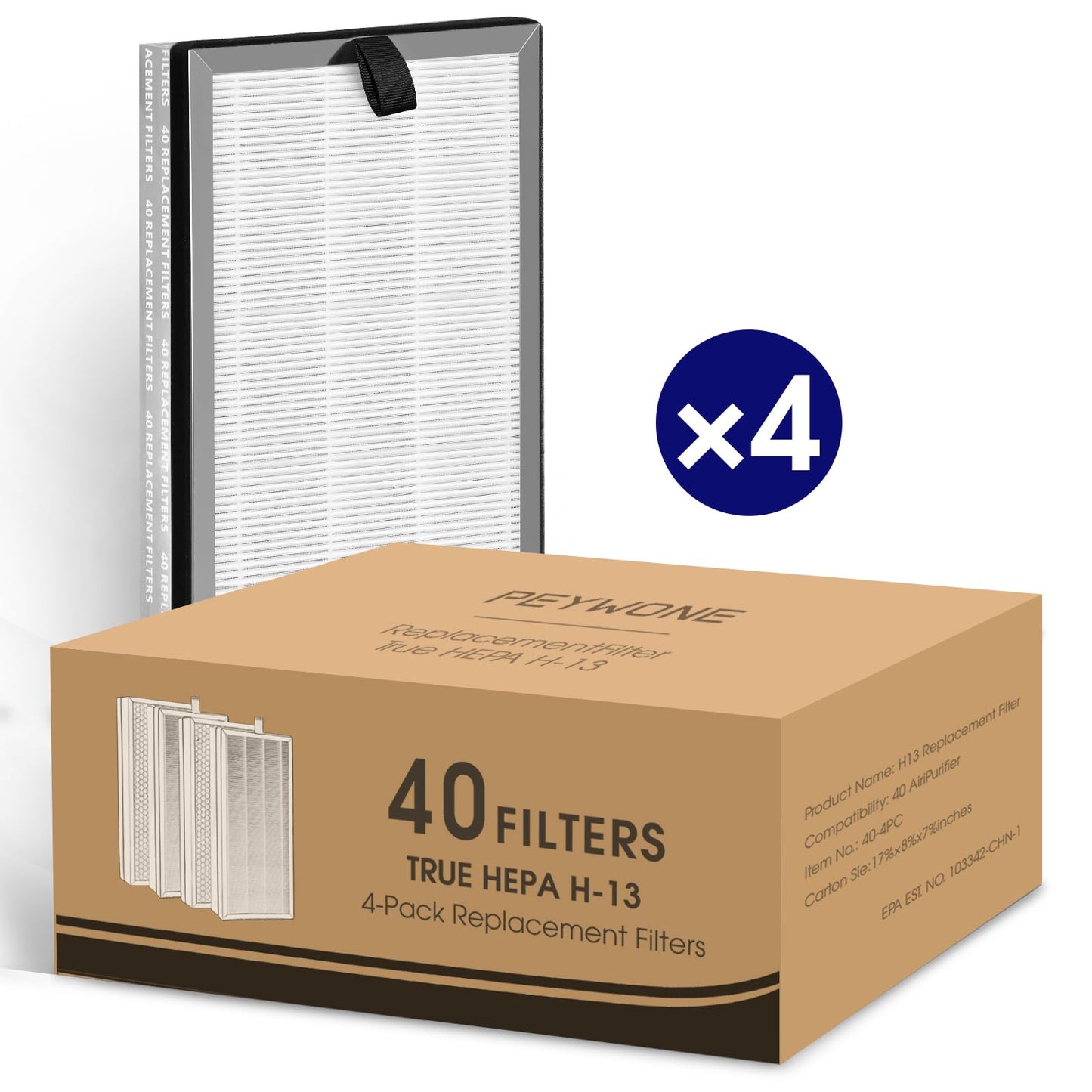 40 Replacement Filter Compatible with MA Air Purifier 40 Series, 3-in-1 High-Efficiency H-13 Grade, Pre-Filter and Activated Carbon, 4 Pack