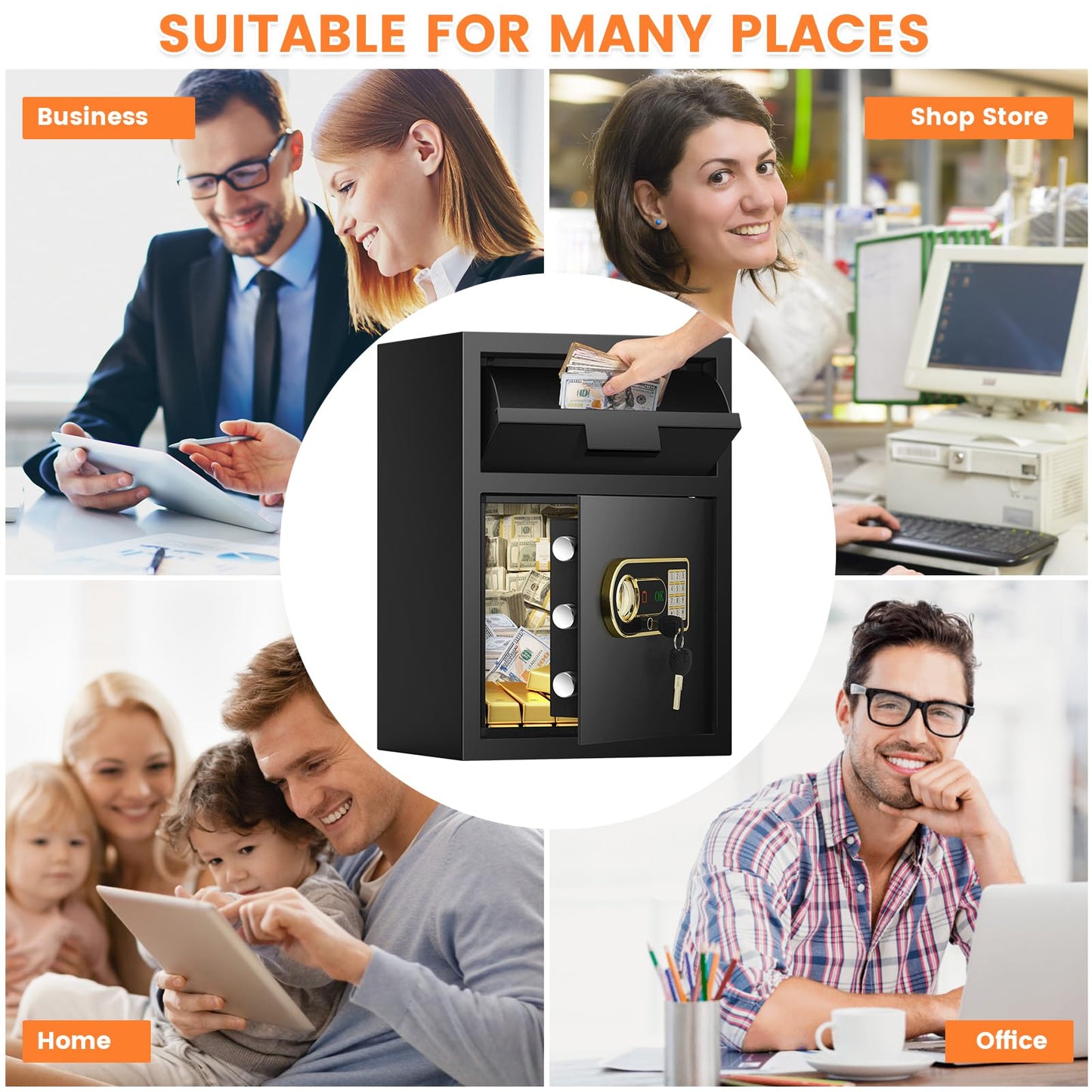 2.8 Cubic Fireproof Drop Safe for Business, Anti-Theft Drop Slot Safes for Money with Digital Combination Lock & Spare Keys, Cash Depository Safe with Drop Box for Home Retail Store Business
