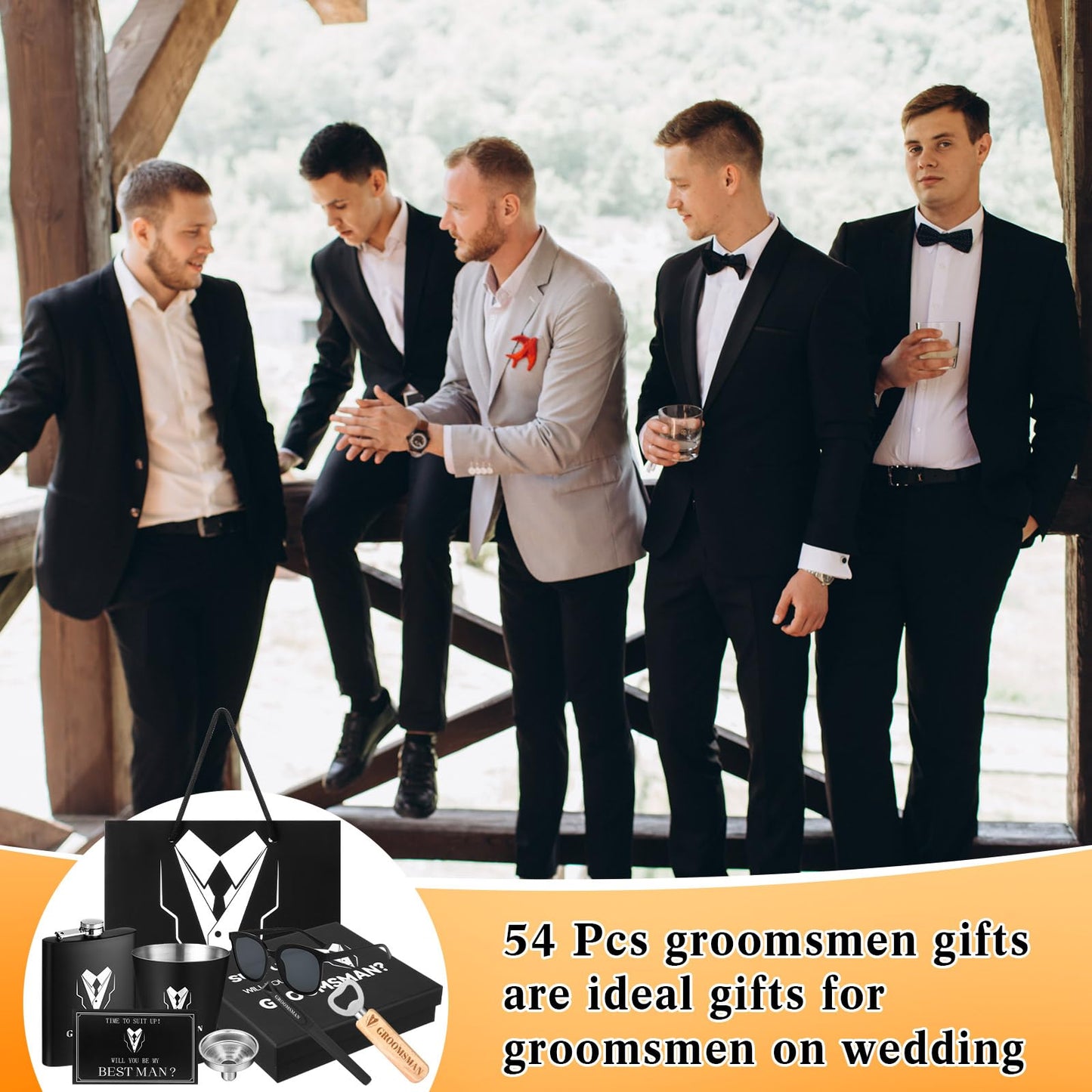 Layhit 60 PCS Groomsmen Gifts Set of 6, Groomsmen Proposal Gift Set, 6 Flask and 12 Stainless Steel Shot Glass 6 Wood Bottle Opener 6 Pen 6 Sunglasses with 6 Card 6 Box 6 Bag for Wedding Party