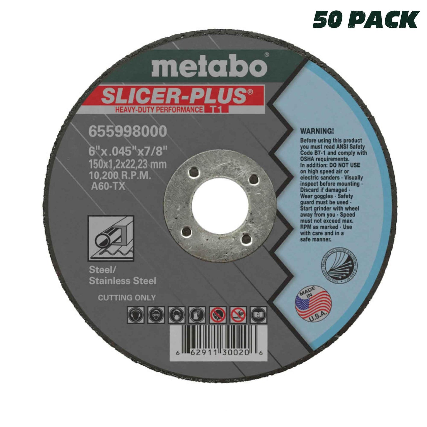 Metabo 655997000 50-Pack | 4-1/2-inch Slicer Plus Cutting Wheel | Type 1 | 4.5" x .045" x 7/8" | A60TX | Zirconia Alumina | Super Performance | Improved Performance in Steel, Stainless Steel
