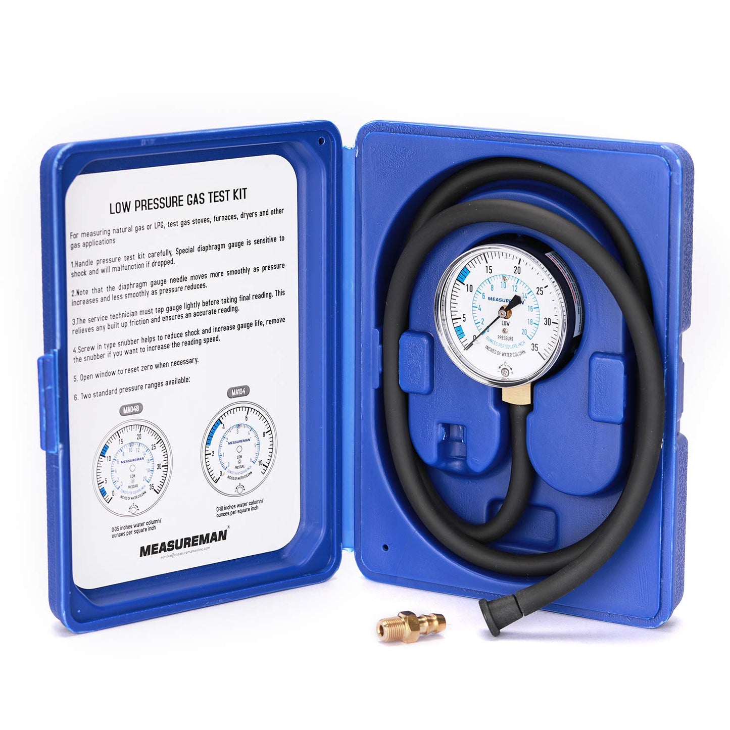Measureman Natural Gas or LP Gas Manifold Pressure Test Kit, 0-35 "W.C., 1/4"NPT, 40" Length Hose