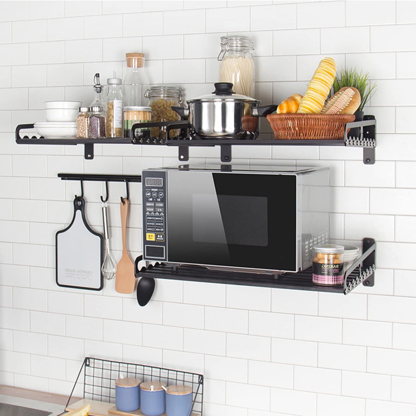 Ganggend Microwave Oven Rack, 23.58"x15.52" Wall Shelf, Mounted Oven Bracket Holder, 80Ib Load Bearing, Household Commercial Microwave Rack for Dorm, Apartment, Kitchen, Bedroom, Black