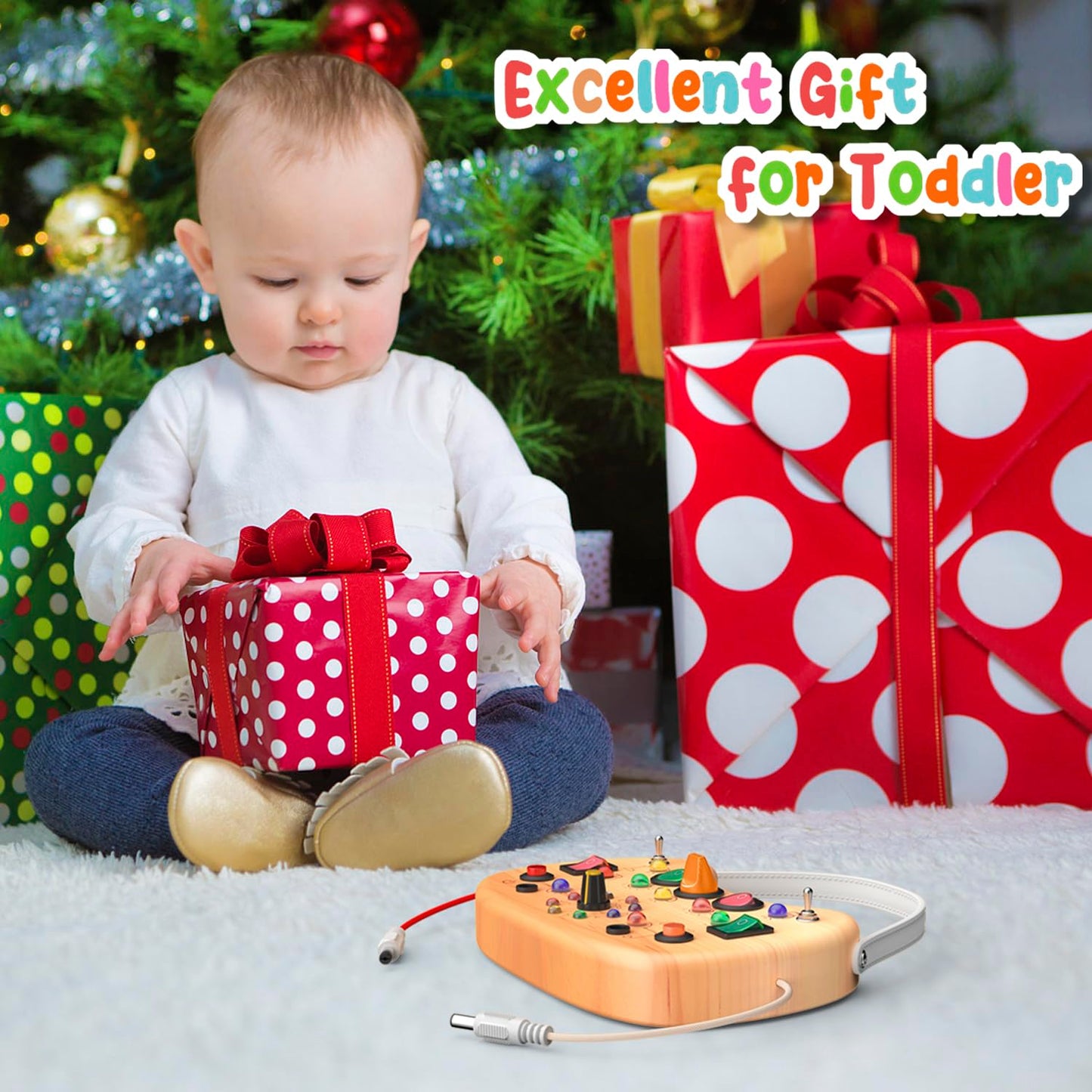 Busy Board with LED Light Switches,Toddlers Montessori Travel Toys for 1 2 3 Years Olds,Wooden Autism Activity Busy Board,Portable Sensory Switch Board toys 1+ Year Old Boy&Girl Birthday Gift