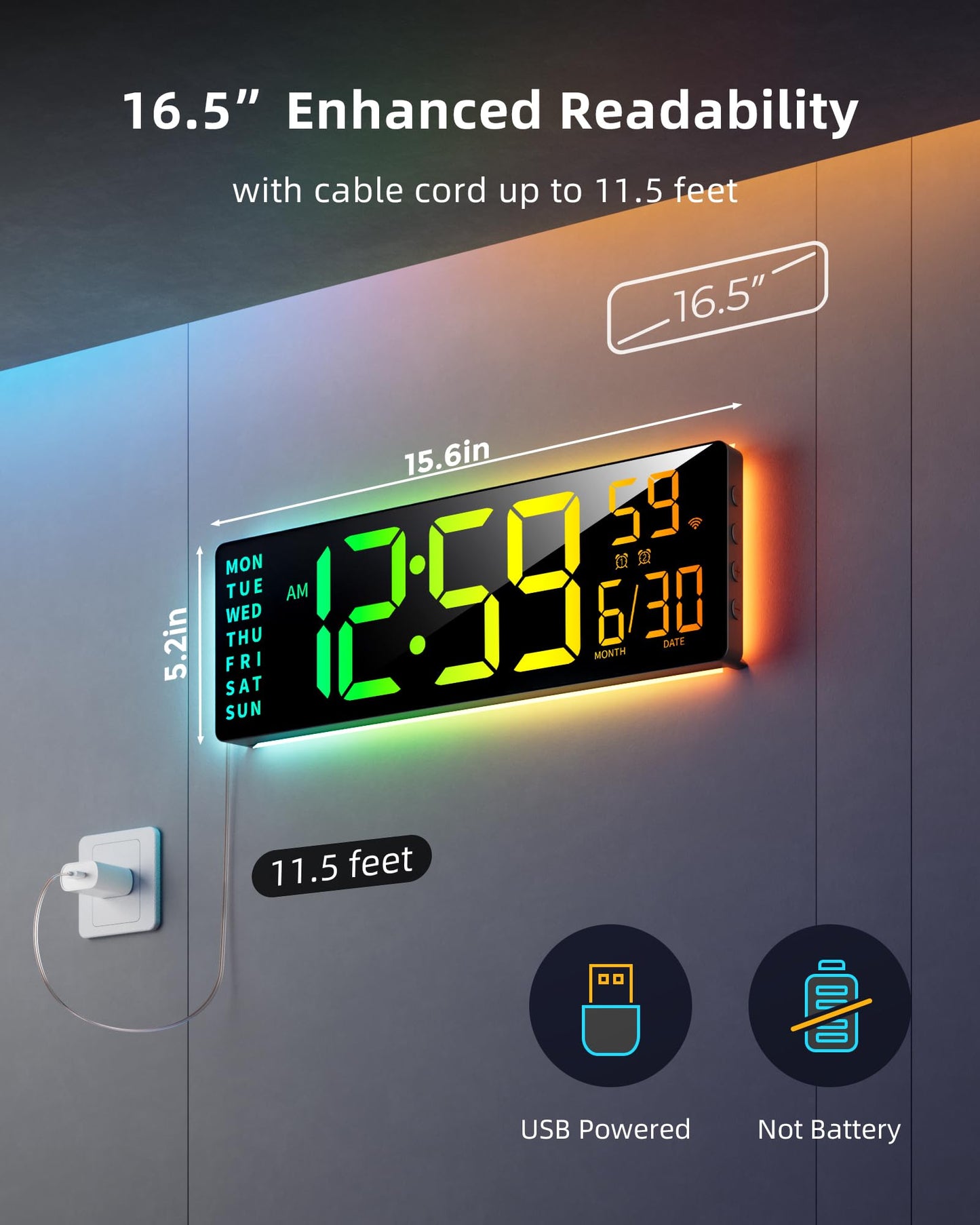 EASYERA Smart Digital Wall Clock with App Control, 16.5” Large RGBIC Wall Clock with Multiple DIY Color and Music Sync, LED Display, Auto DST, Plug-in Clocks for Classroom Home Gym Gaming