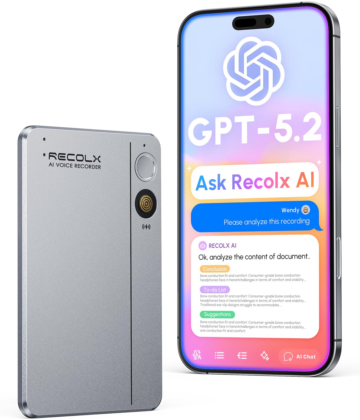 RECOLX AI Voice Recorder & Transcriber with GPT-5.2 Analysis – 30-Hour Recording, 112-Language Speech-to-Text & Auto Summary for Meetings, Lectures & Interviews,Grey