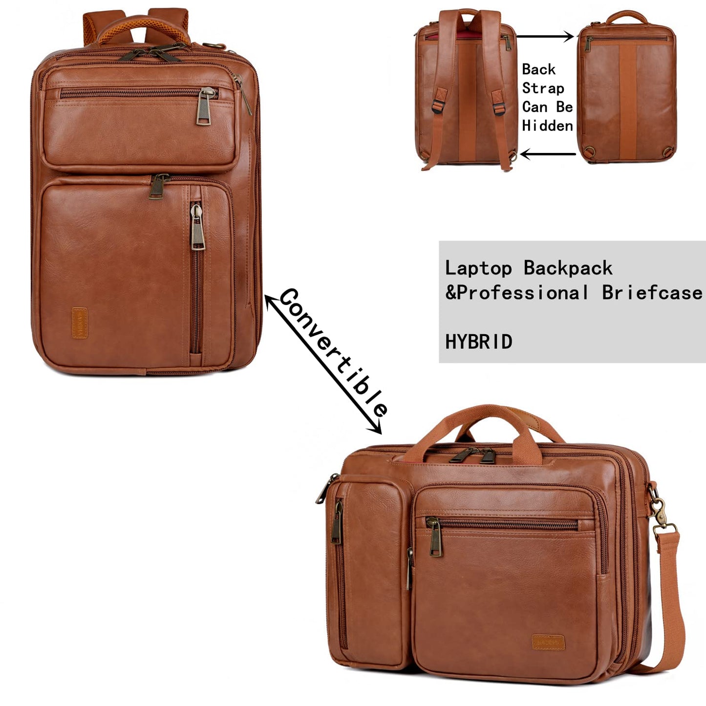 Vegan Leather Laptop Backpack Briefcase Hybrid 15.6 Inch Laptop Travel Backpack Hiking College Backpack for Men BC-04 (Brown)