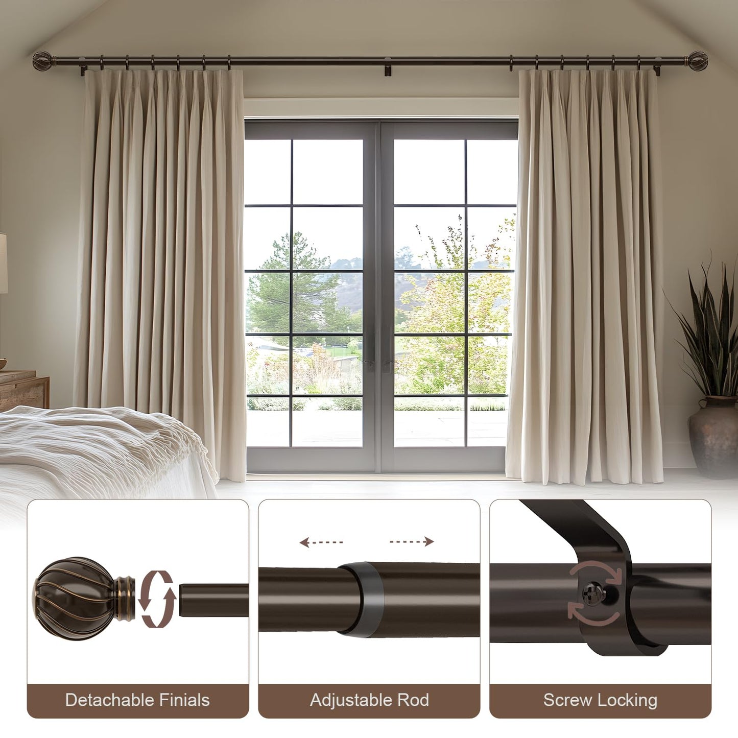2 Pack Brown Curtain Rods Set for Windows 48 to 84 Inches Adjustable Length Heavy Duty 7/8" Diameter Window Curtain Rod with Decorative Finials for Outdoor Farmhouse Bedroom Kitchen Living Room