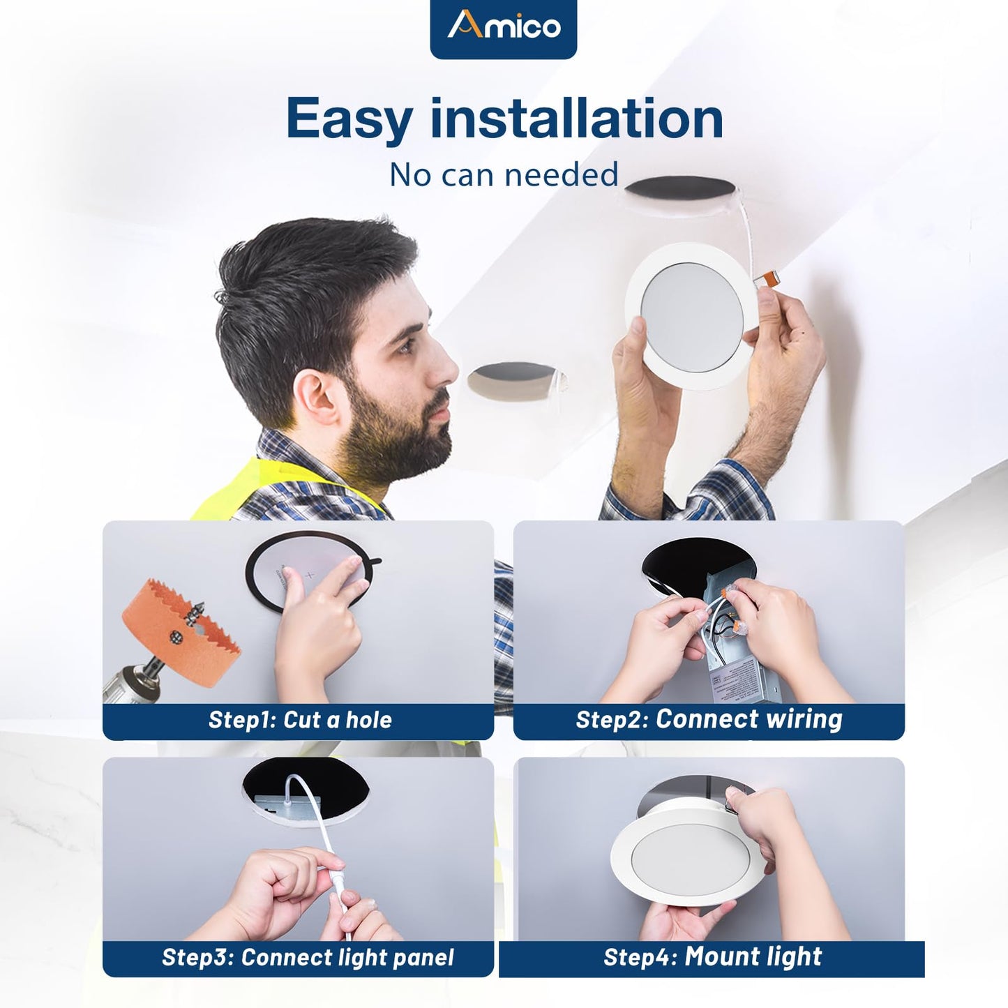 Amico 6 Pack 6 Inch 5CCT Gimbal LED Recessed Lighting, Directional Adjustable Ceiling Downlight, Angled Dimmable Canless Light with Jbox, 2700K-5000K Selectable, 15W 100W Eqv, 1100LM, ETL&FCC
