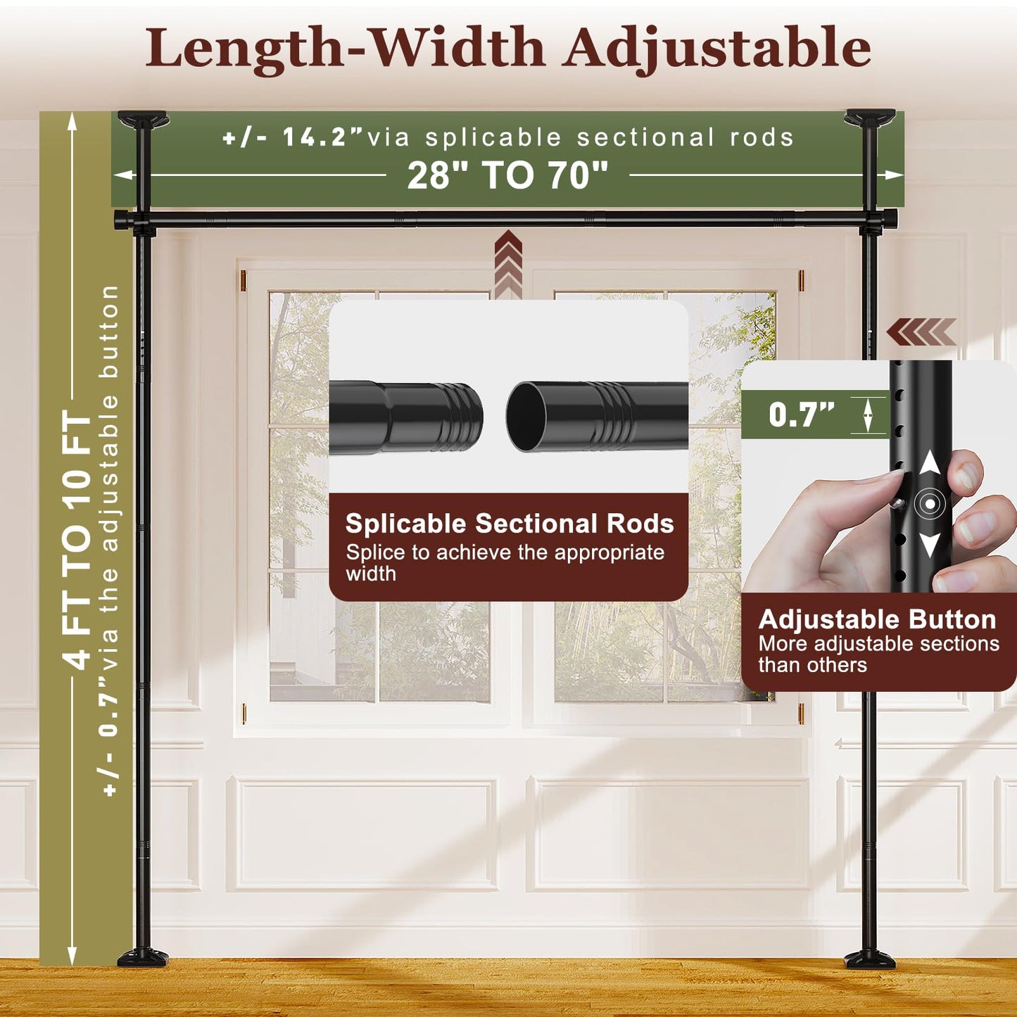 Goovilla Room Divider for Room Separation, Tension Curtain Rods No Drilling, 4-10ft(H) 28-70inch(W) Adjustable Temporary Privacy Wall Divider, Heavy Duty Freestanding Space Partition Separator, Black