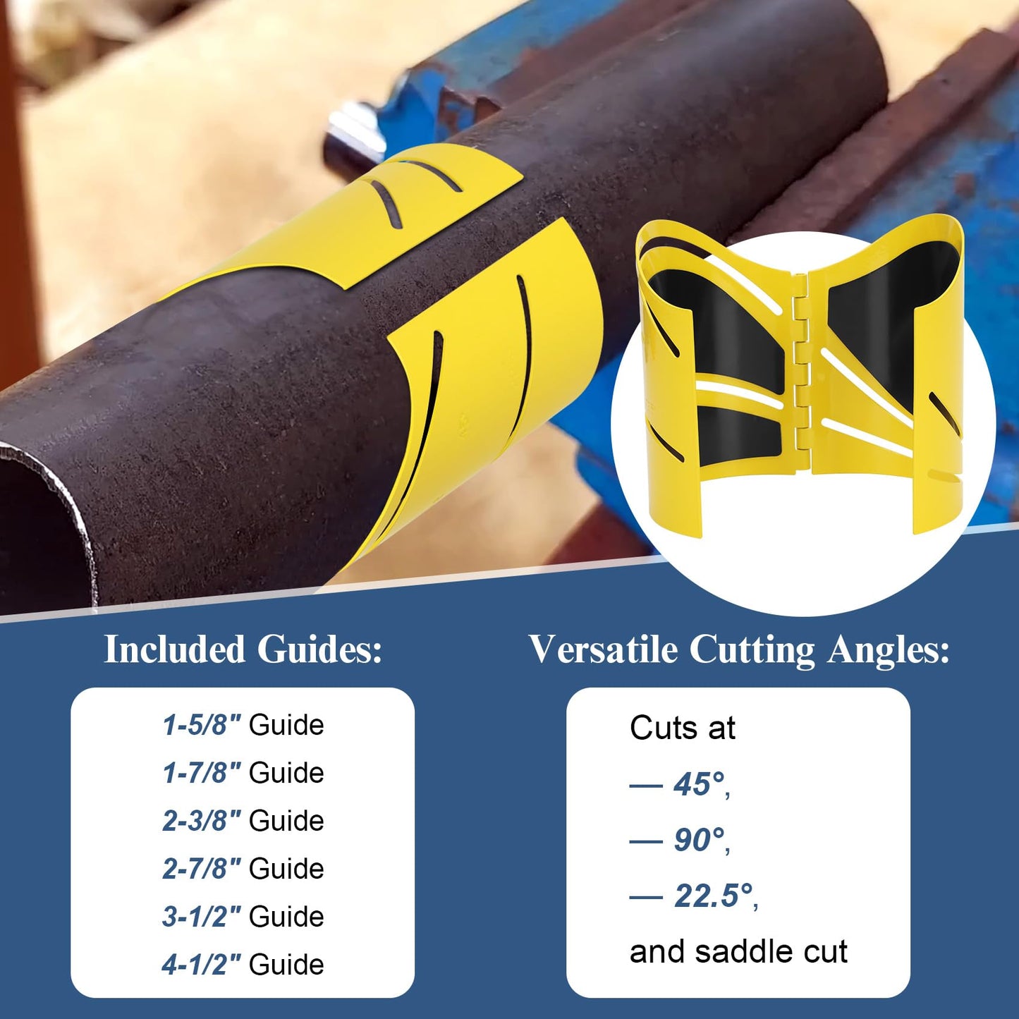 Drkerr 6Piece Magnetic Metal Pipe Cutting Guide Kit - (Includes Sizes: 1-5/8" 1-7/8" 2-3/8" 2-7/8" 3-1/2" 4-1/2"), Guides Cuts at 45°, 90°, 22.5° and Saddle Cut, Pipe Marking Tool, Steel