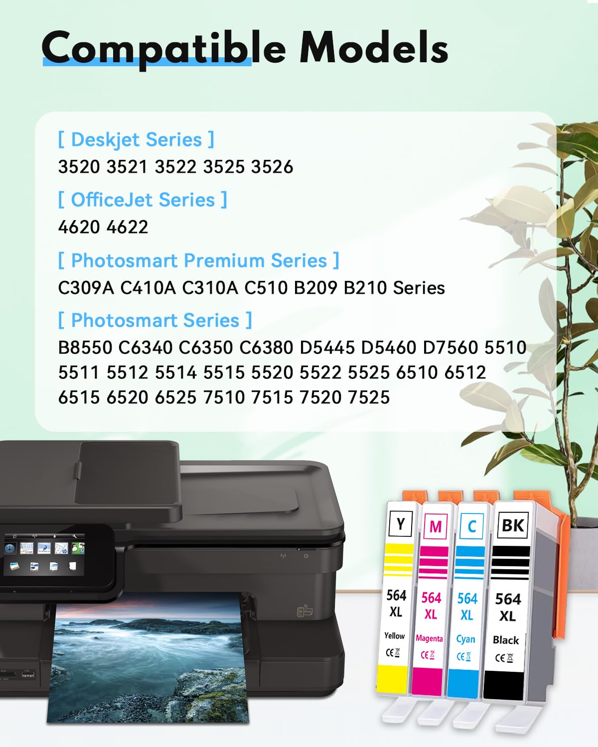 564XL High Yield Ink Cartridges (4-Pack, 1Black/1Cyan/1Magenta/1Yellow) Replacement for HP 564XL Ink Work for Photosmart 7520 7510 7525 5520 5510 6510 6520 DeskJet 3522 3521 Printer