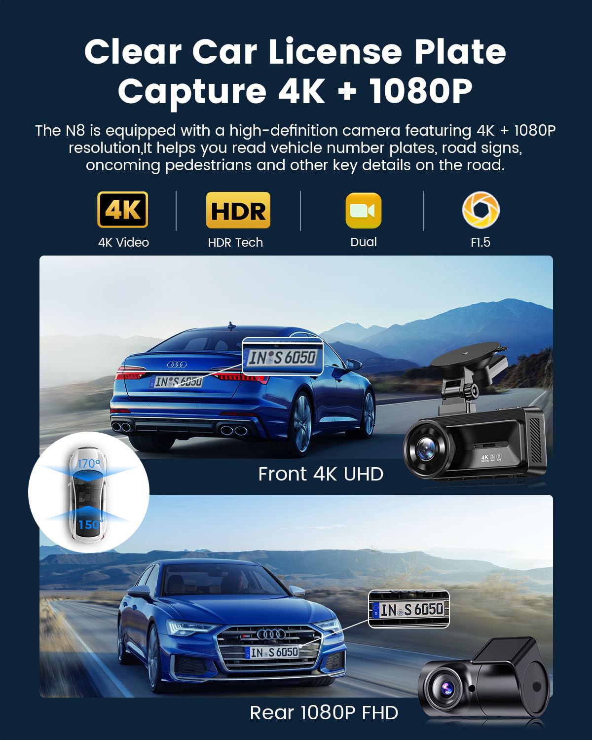 COOLCRAZY Dash Cam Front Rear: 4K+1080P Full HD Dashcam Free 64GB Card, with 5G WiFi GPS, Dual Dash Camera for Cars with 3" IPS Screen, Night Vision, HDR, App Control, 24H Parking Mode, Loop Record