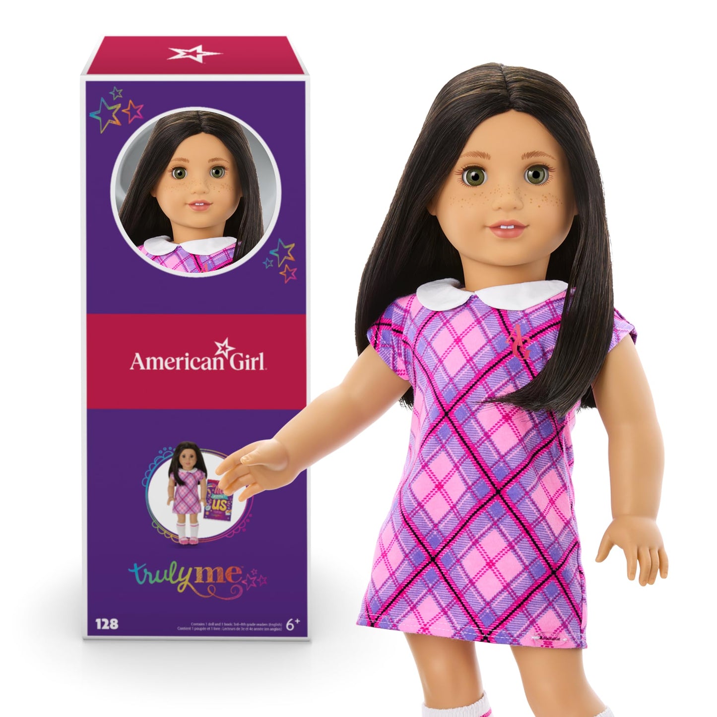 American Girl Truly Me 18-inch Doll #128 w/Green Eyes, Blk-Br Hair, Lt-to-Med Skin & Warm Undertones + Freckles, for Ages 6+