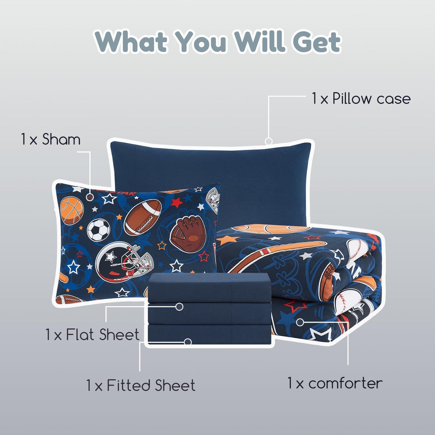 Wink Deer Twin Comforter Set for Boys-5 Pieces Sports Ball Games Glow in the Dark Twin Bedding Sets for Kids, Ultra Soft Bed in A Bag with Sheets