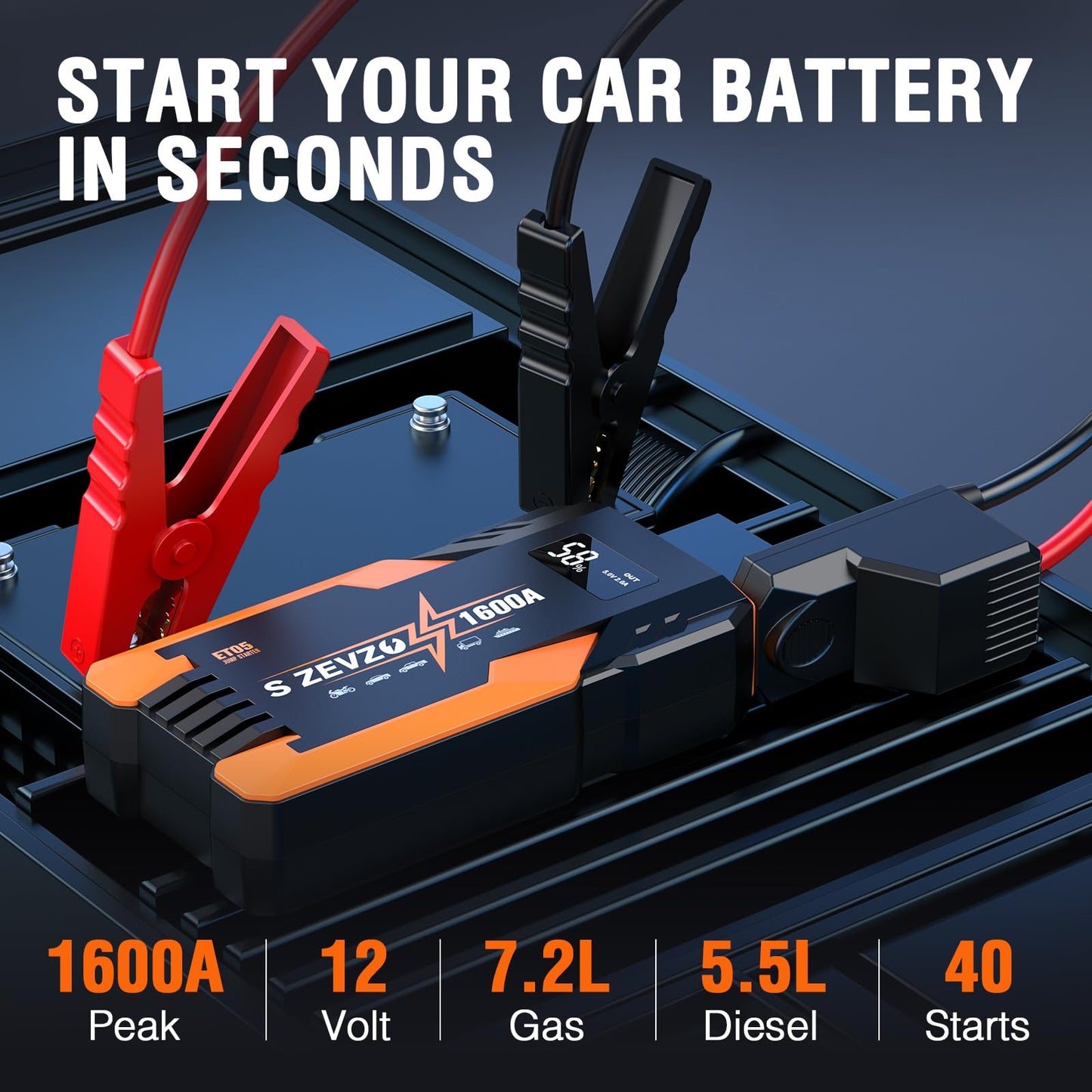 S ZEVZO Jump Starter 1000A Peak Portable Jump Starter for Car (Up to 7.0L Gas 5.5L Diesel Engine) 12V Auto Battery Booster Pack with Jumper Clamps