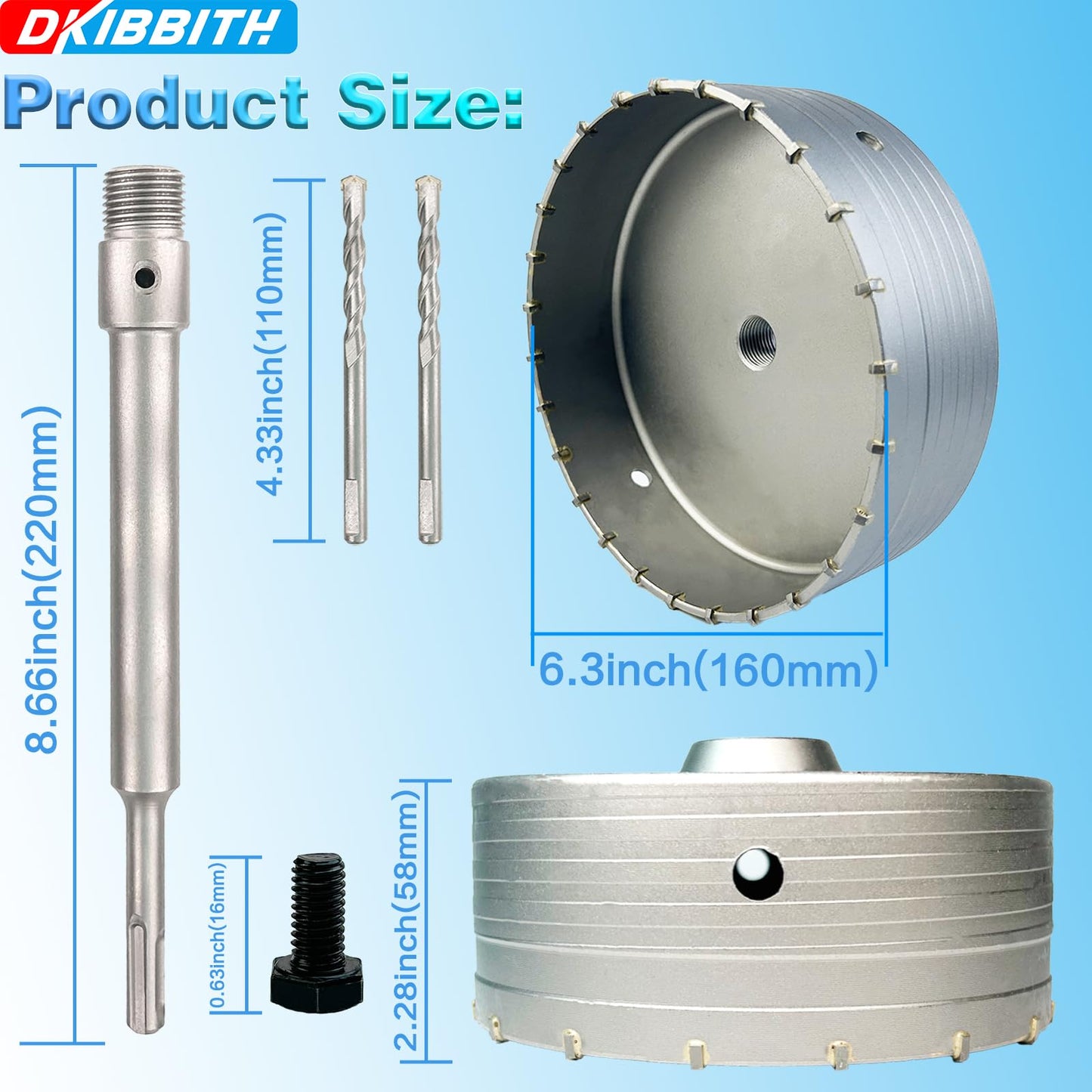 6-5/16" Concrete Hole Saw, 160mm Tungsten Steel Core Bit for Cinder Block, Brick, Rock, Plank Walls for Pipes or mini Split Lines, with SDS Plus Shank and 2 Center Positioning Drill Bits.