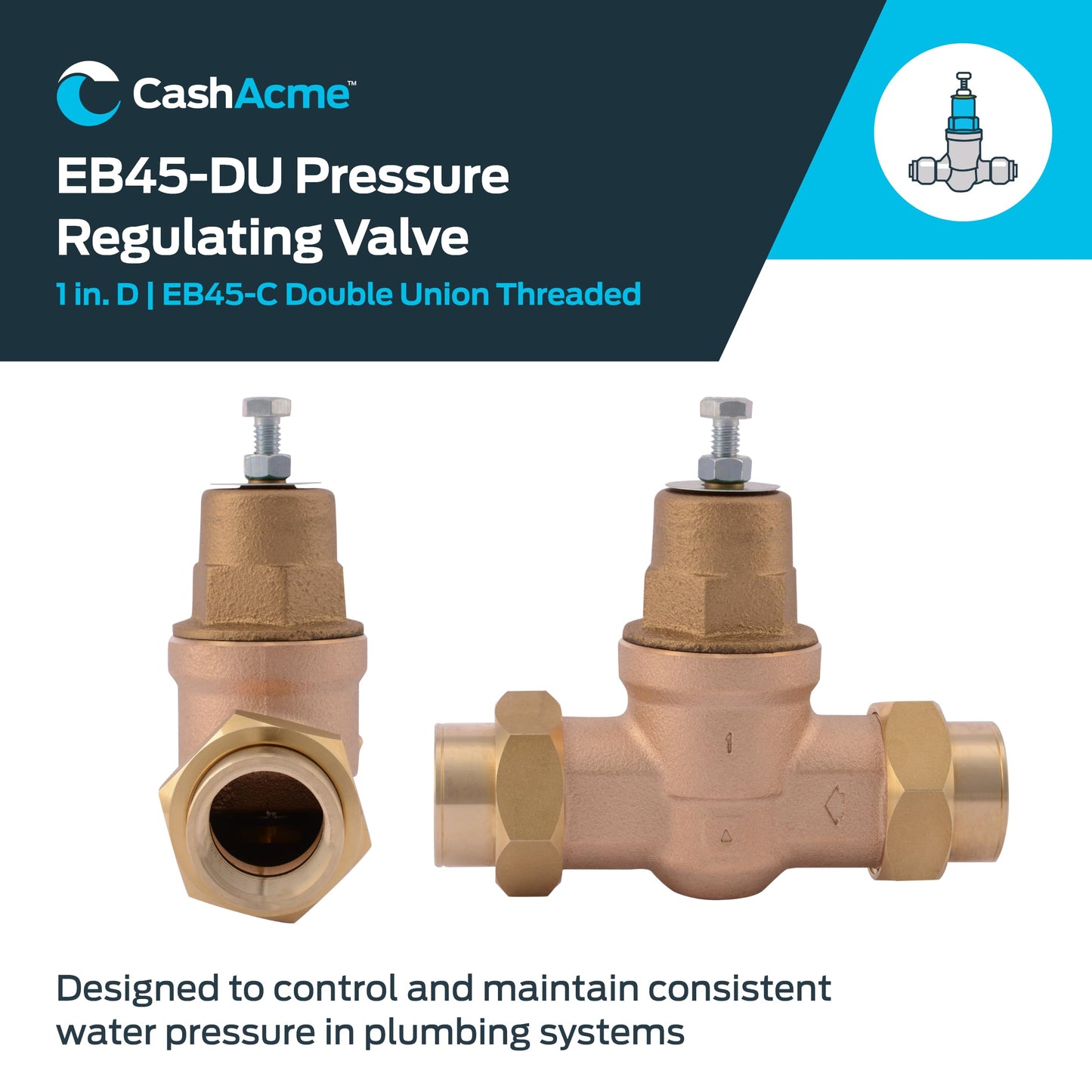 Cash Acme EB45 Pressure Regulating Valve, Double Union, 1 Inch NPT Female, Brass Top, 45 PSI, 23156-0045