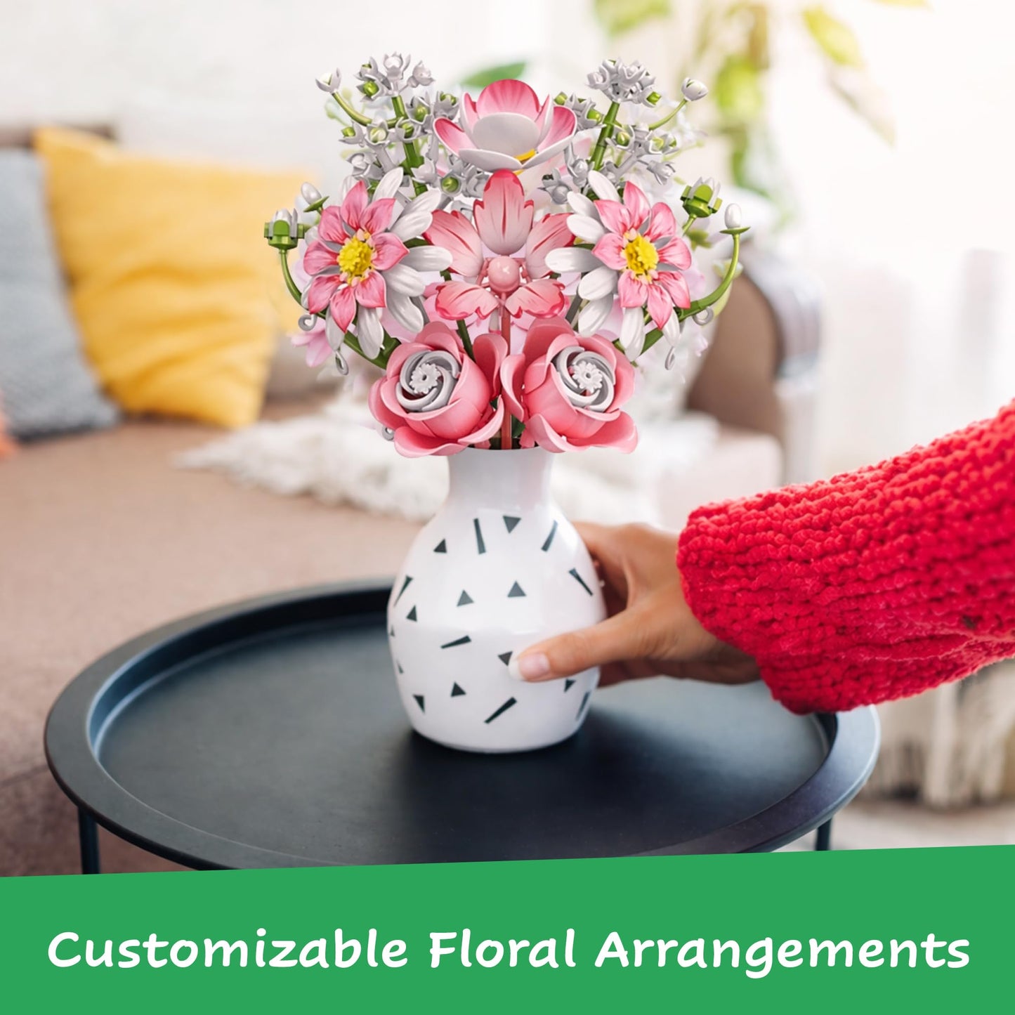Woolbye Flower Building Set, Flower Gerbera Jamesonii Bolus Bouquet botanicals Collection Unique Home Décor or Office Décor Great Gift for Her and Him (VASE Included)
