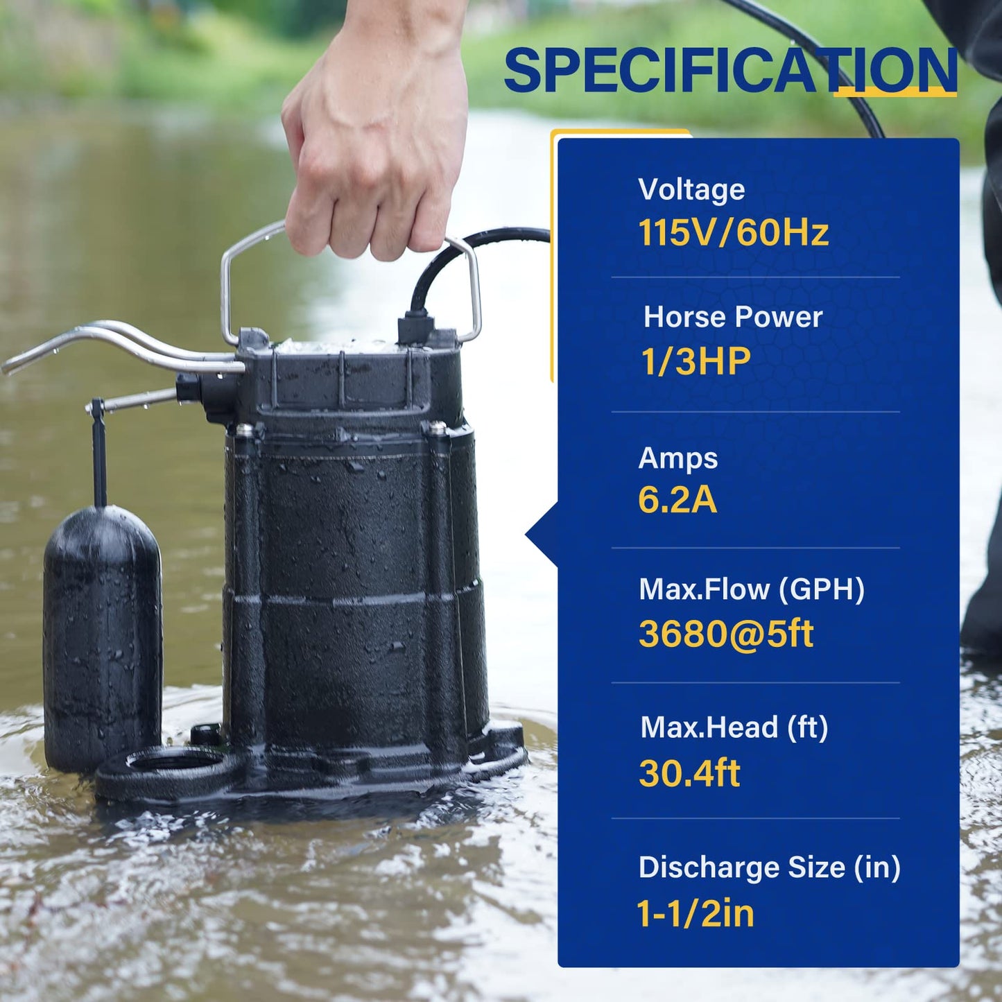 Acquaer 1/3 HP Submersible Sewage/Effluent Pump,3680 GPH Cast Iron Sump Pump with Automatic Integrated Snap-action Float Switch for Basement,Flooding Area…