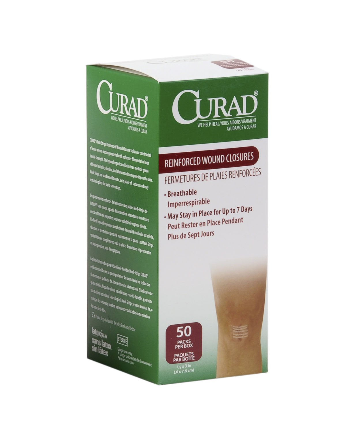 CURAD Sterile Medi-Strips Reinforced Wound Closures, 1/4" x 3", Hypoallergenic, 50 Packs of 3 Strips (150 Strips Total)
