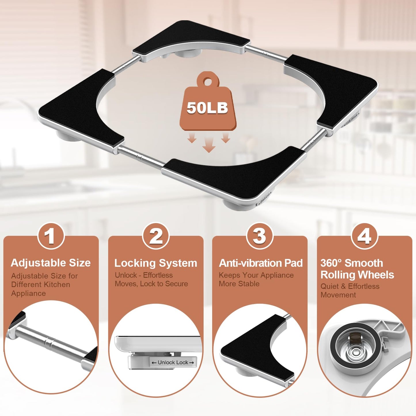 Adjustable Appliance Sliding Tray - Expandable 11" x 11"- 20" x 20" Slider Tray for Kitchen Appliances - 360° Countertop Rolling Tray with Locking Brakes for Coffee Makers