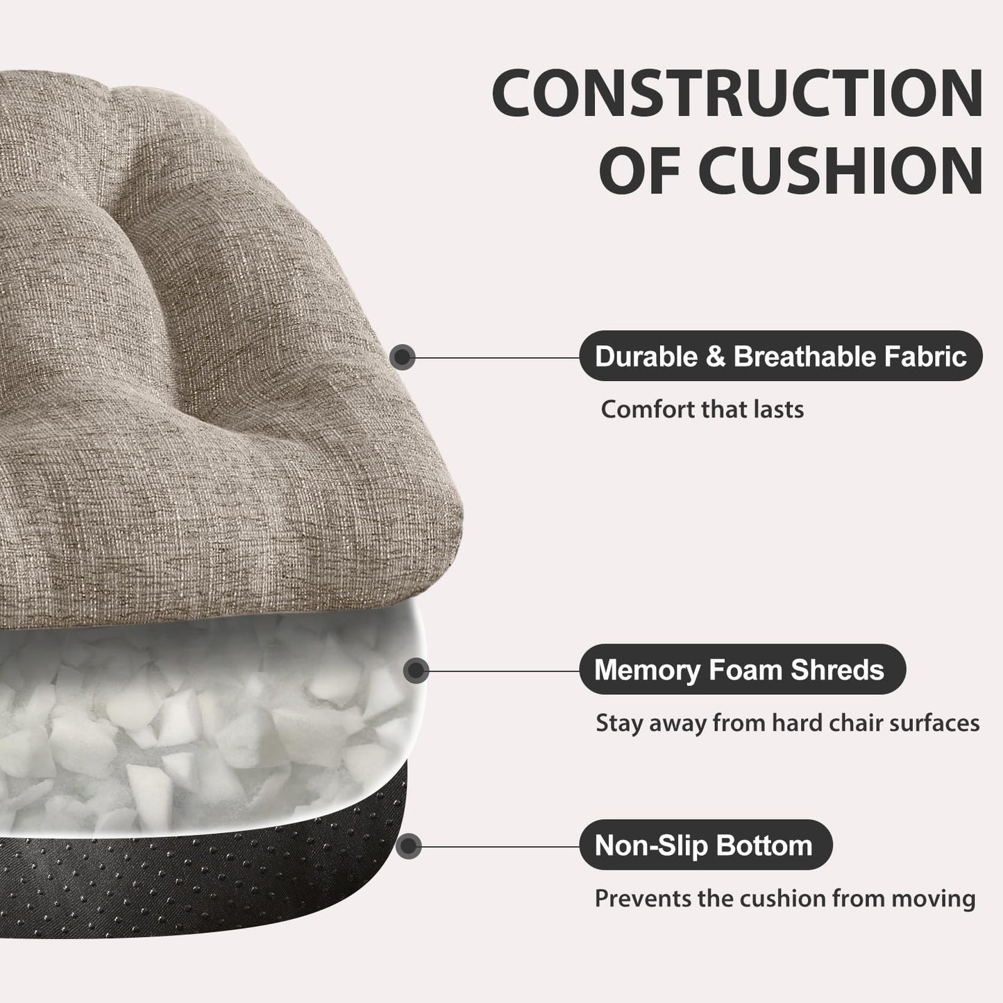 Quilmfoam 16.5"x15.5" Kitchen Chair Cushions Set of 4 for Dining Chair, Soft Tufted Non-Slip Memory Foam Seat Cushion with Ties for Indoor Kitchen Dining Furniture, Khaki