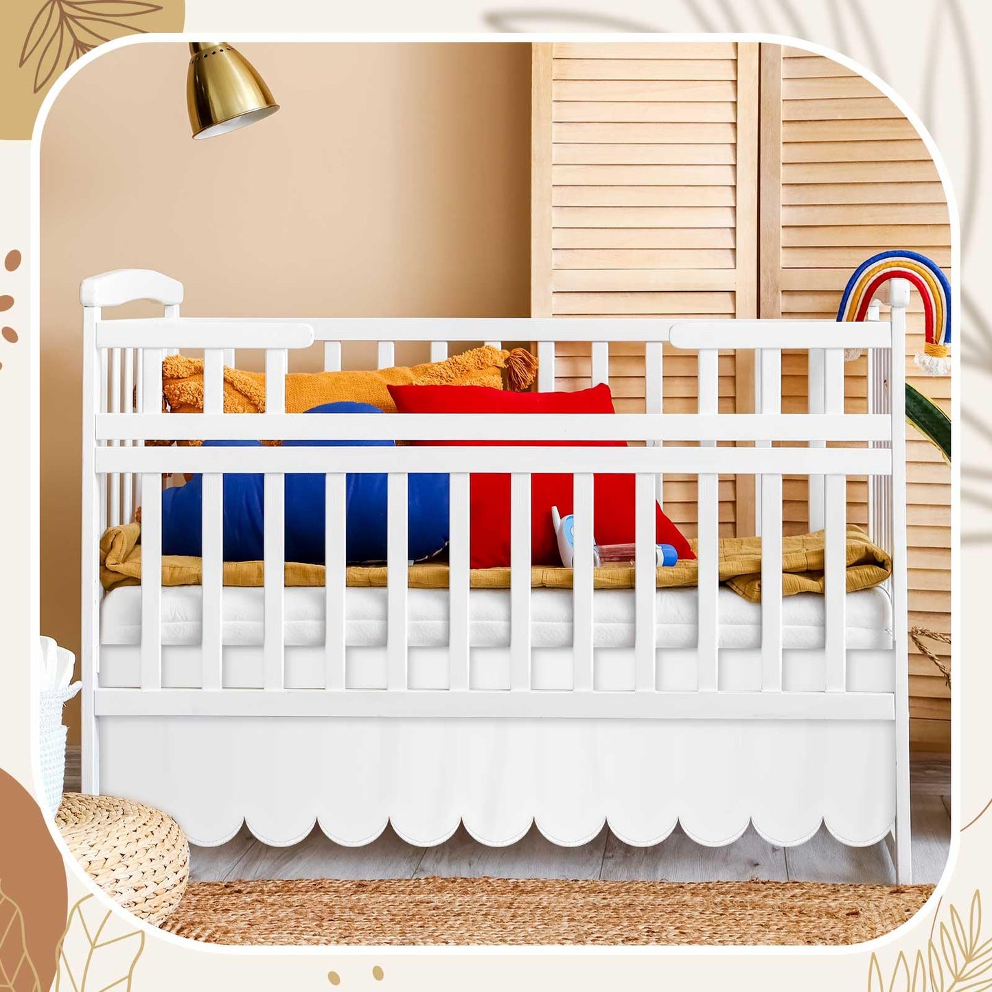 Hahafelt Scalloped Crib Skirt for Baby Girl Nursery, 28"x 52" with 14" Drop, 4-Sided Dust Ruffle, Soft Breathable Fabric, Elegant Nursery Decor, Fits Standard Crib, White