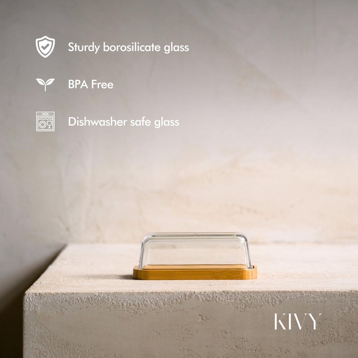 KIVY Butter Dish (White Marble & Glass) - For countertop and refrigerator door shelf - Marble butter keeper - Stone butter dish with lid - Dishwasher Safe