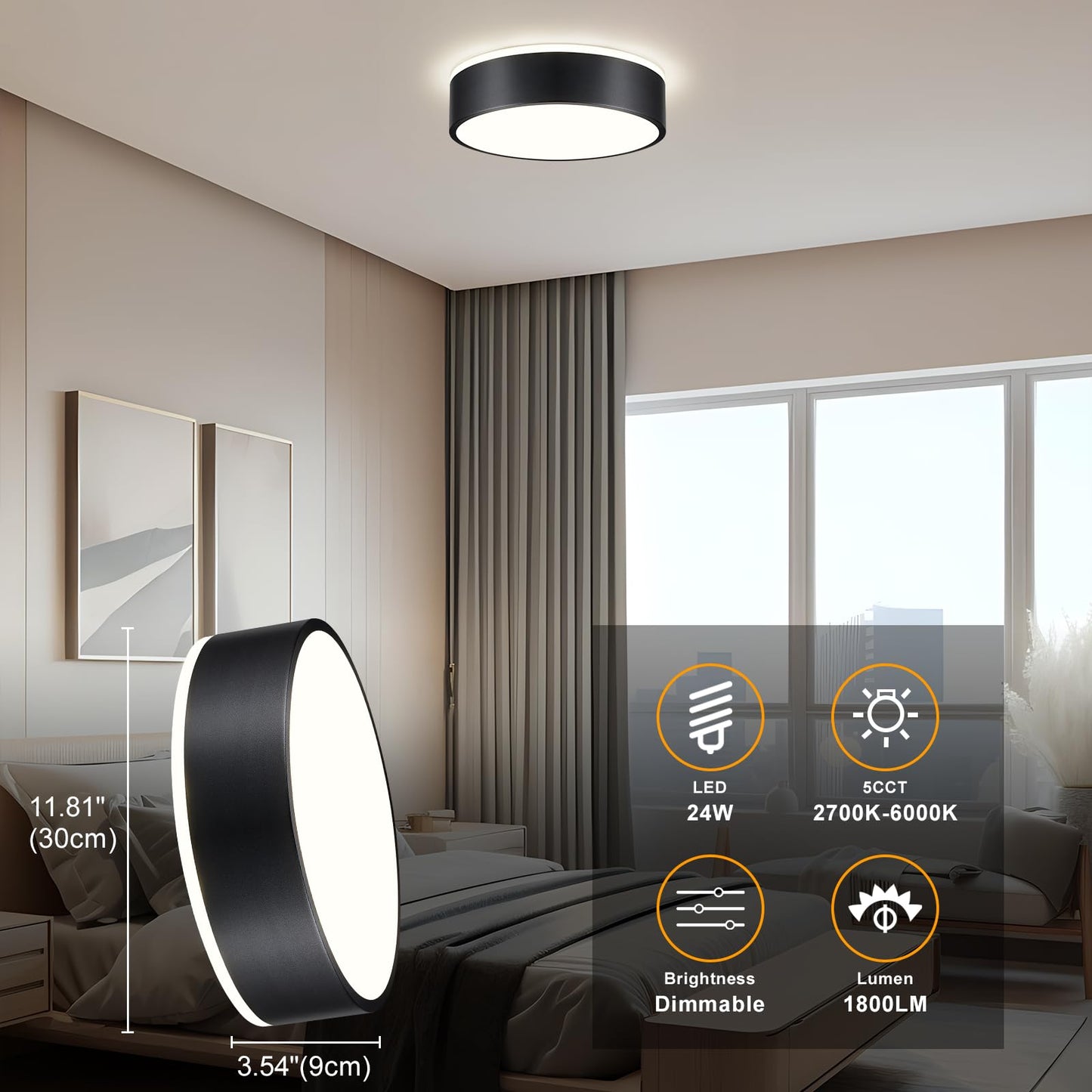 Dimmable Modern Flush Mount Ceiling Lights, Black 5CCT LED Ceiling Light Fixture, Minimalist Round Kitchen Lighting Fixtures for Bedroom, Laundry Room, Hallway, Entryway, 11.8 Inch