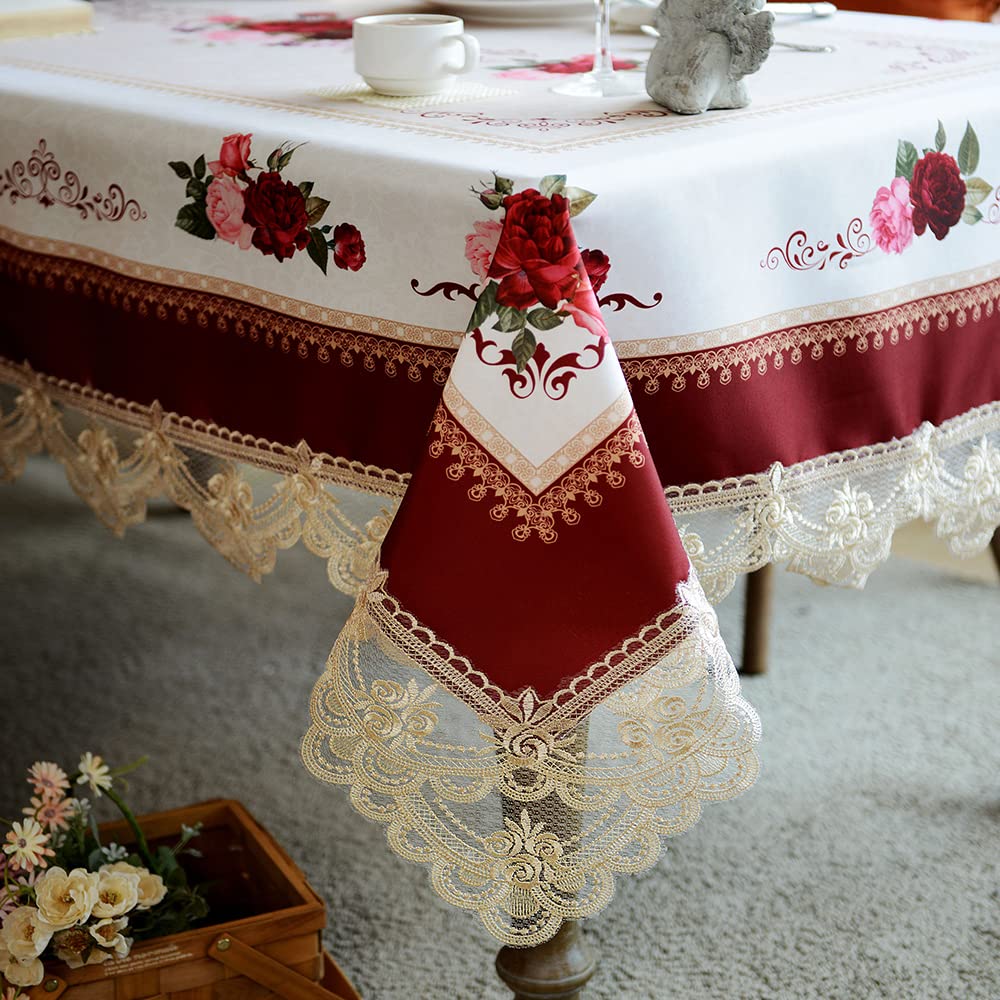 SUTAVIA Lace Embroidered Table Cloth,Rectangular Farmhouse TableCover,Classic Oblong Antique Flower Decor Macrame Tablecloth (Burgundy, Rectangle/Oblong,60 x 104 Inch,8-10 Seats)