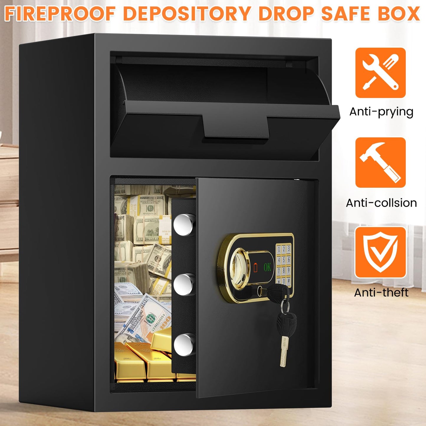 2.8 Cubic Fireproof Drop Safe for Business, Anti-Theft Drop Slot Safes for Money with Digital Combination Lock & Spare Keys, Cash Depository Safe with Drop Box for Home Retail Store Business