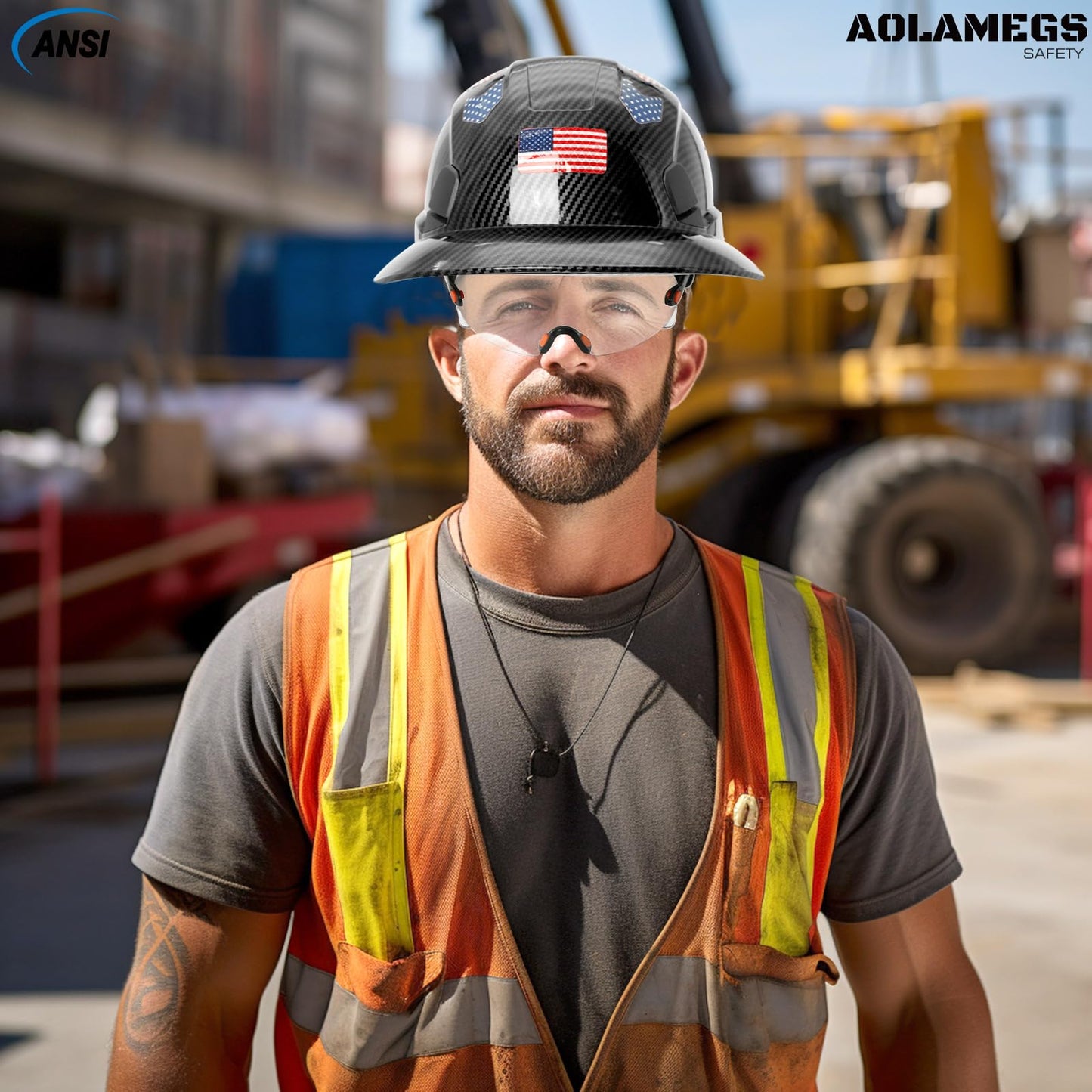 Aolamegs Safe Matte Black Carbon Fiber Pattern Full Brim Hard Hat with Visor - Vented Hard Hats Construction OSHA Approved for Men Adult, Reflective Safety Helmet with Chin Strap,6-Point Suspension