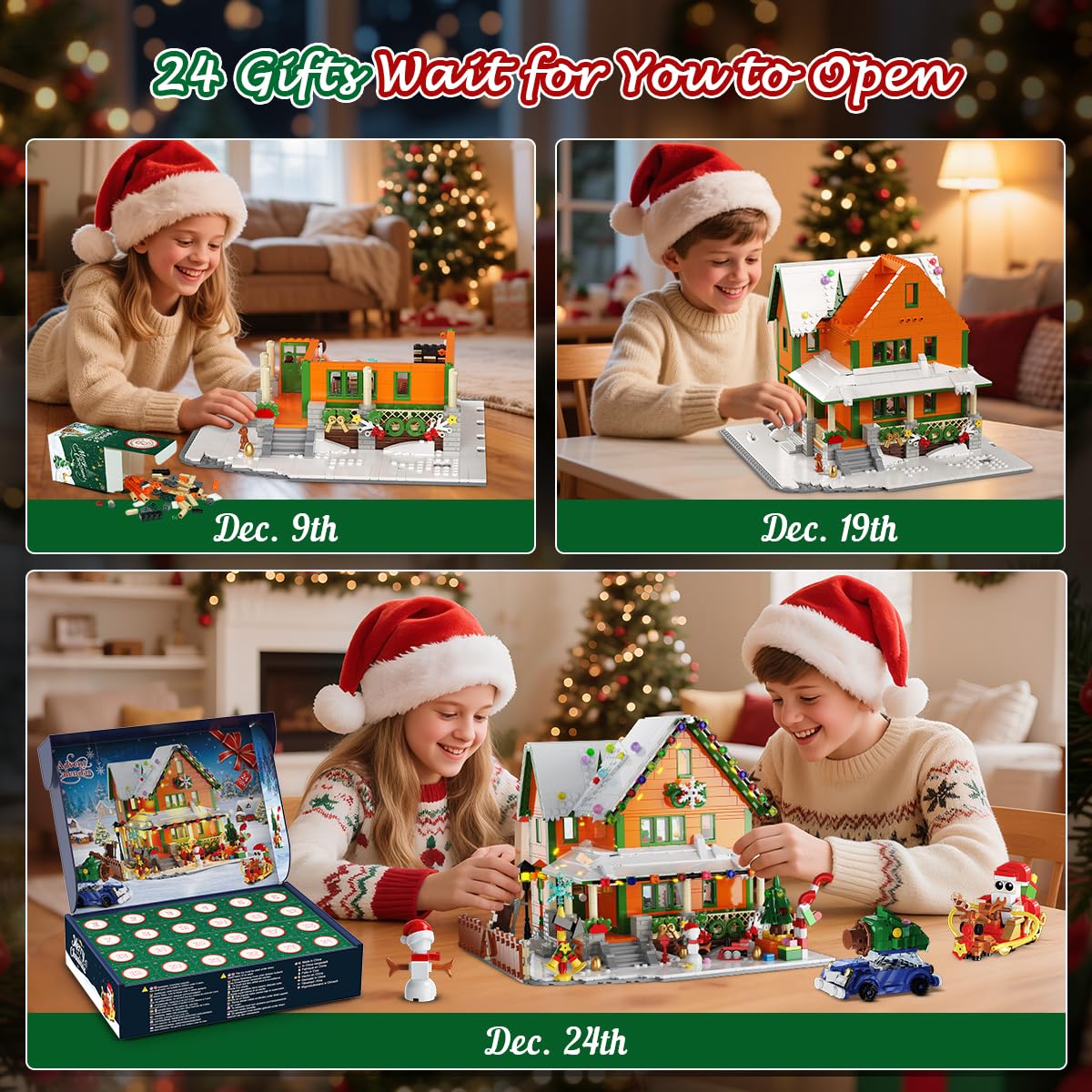 INSOON Advent Calendar 2025 Christmas House Mini Building Set with Light, 24 Days Countdown Snow Village Building Block Kit with Santa Claus Sleigh, Holiday Building Toy Gift for Adults Boys Girls 14+