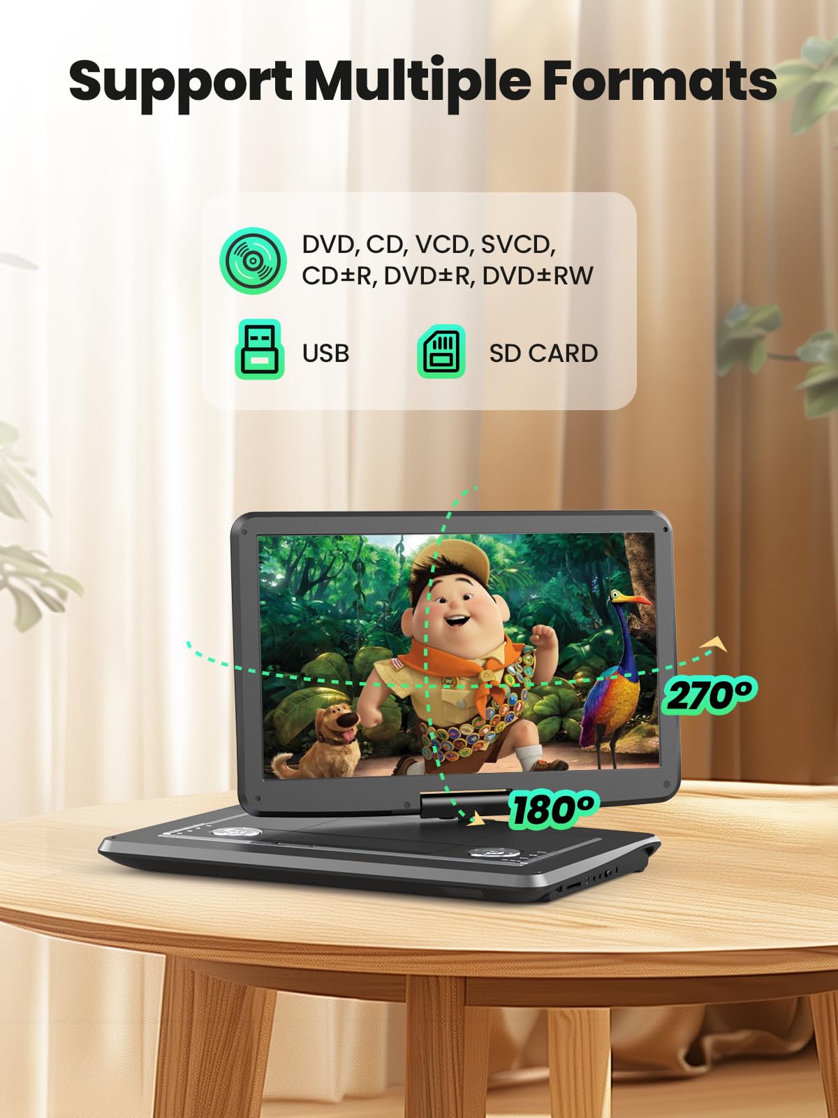 Arafuna 18" Portable DVD Player with with 5-Hour Rechargeable Battery, 16" HD Swivel Screen with Dual Stereo Speakers, Support USB/SD/Sync TV, Regions Free