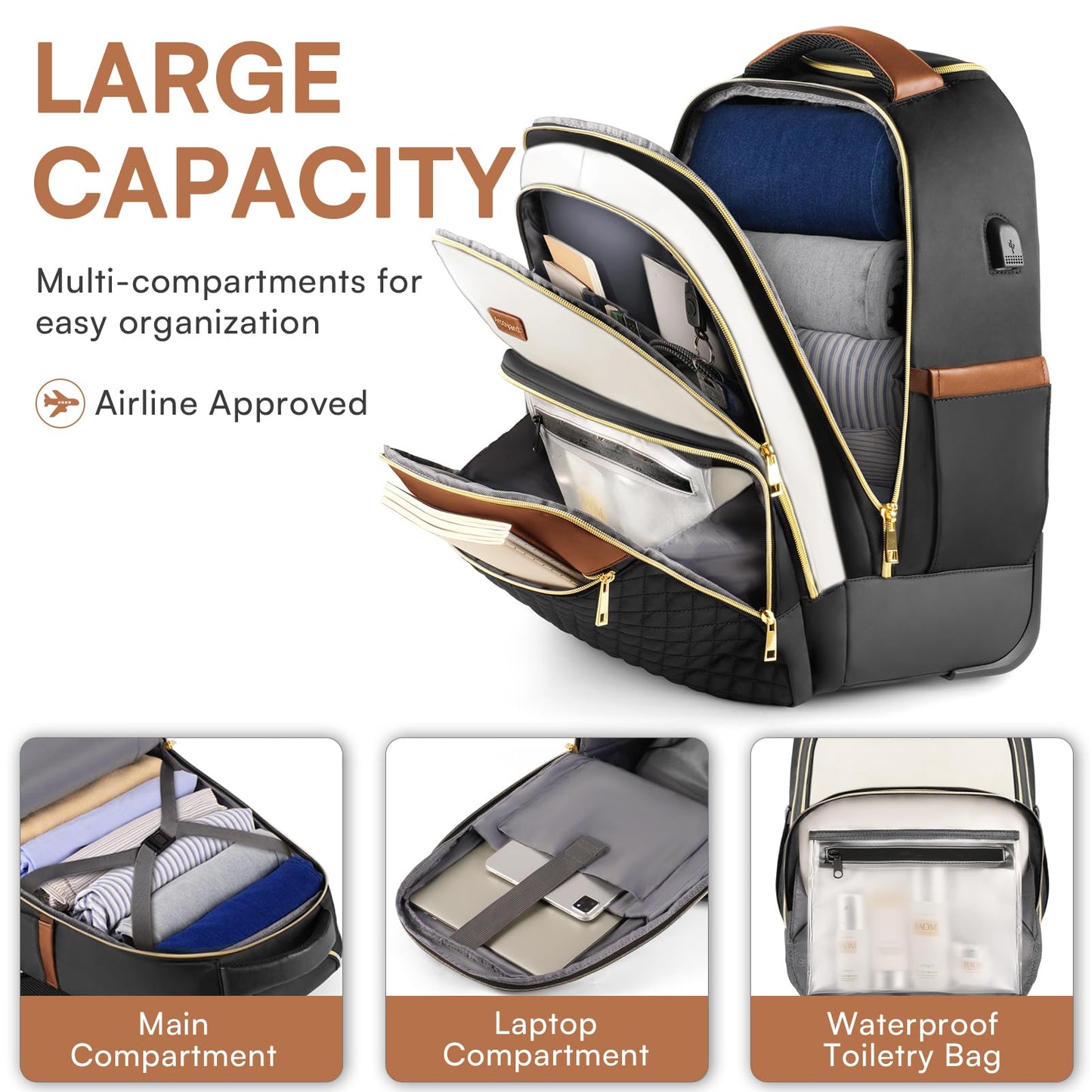 Arcoyard Rolling Backpack Carry On Luggage For Adults With Wheels, 40L Wheeled Backpack For Women, Travel Roller Bag, Beige Brown