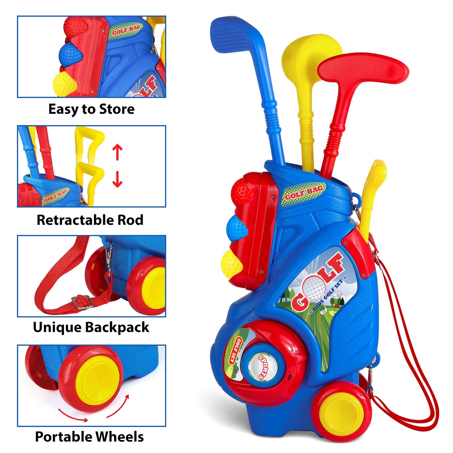 Jovizo Toddler Golf Set for Boys Girls 2 3 4 5 Years Old, Upgraded Kids Golf Cart with Putting Mat & Cornhole Board, Outdoor Indoor Sports Toys, Blue