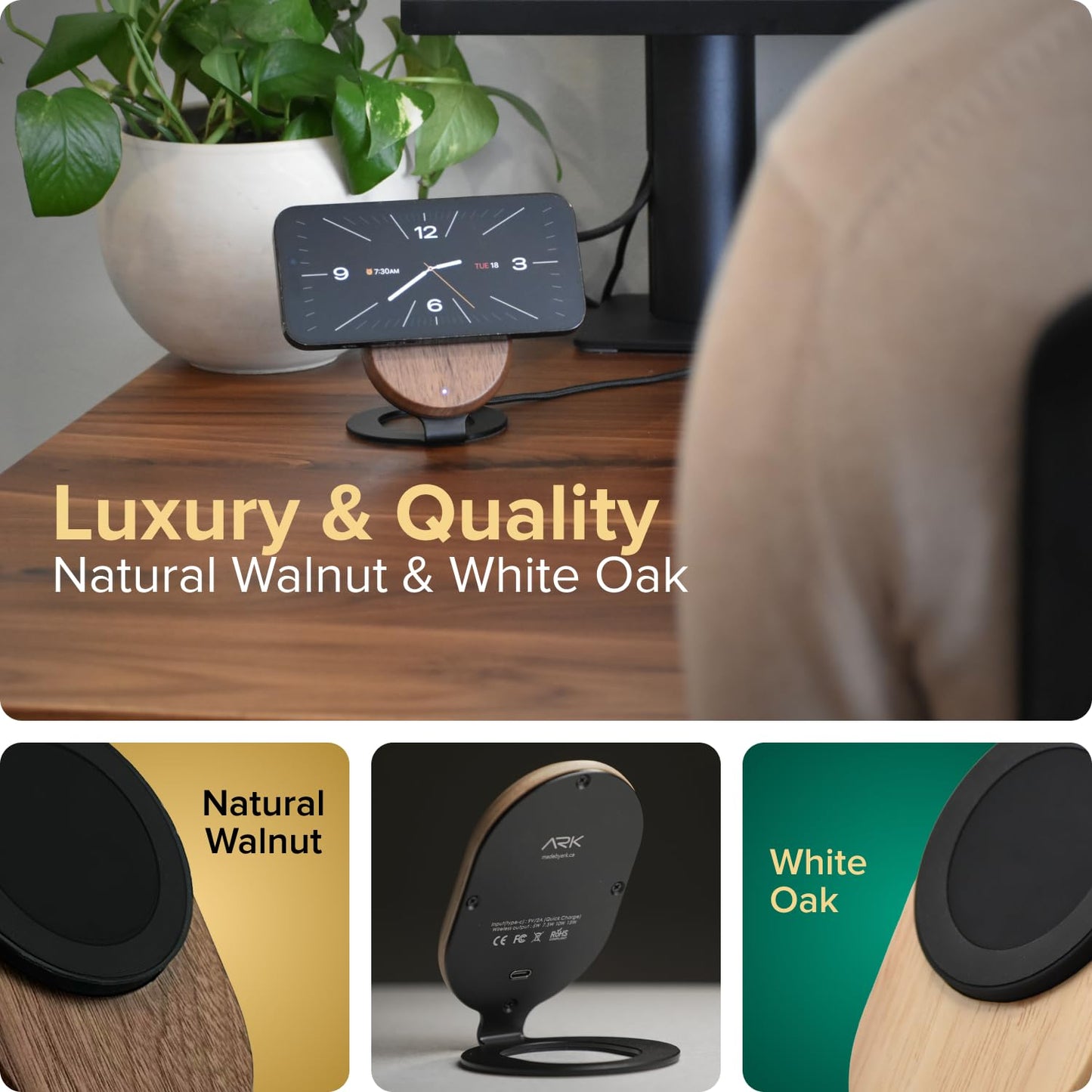 ARK Solid Wood MagSafe Stand Magnetic Wireless Charging Station w/Adapter & USB to USB C Cord 15W Wireless Charger. for iPhone 16/15/14/13/12 & Some Samsung. Home, Office, Kitchen. Best Mens Gifts!