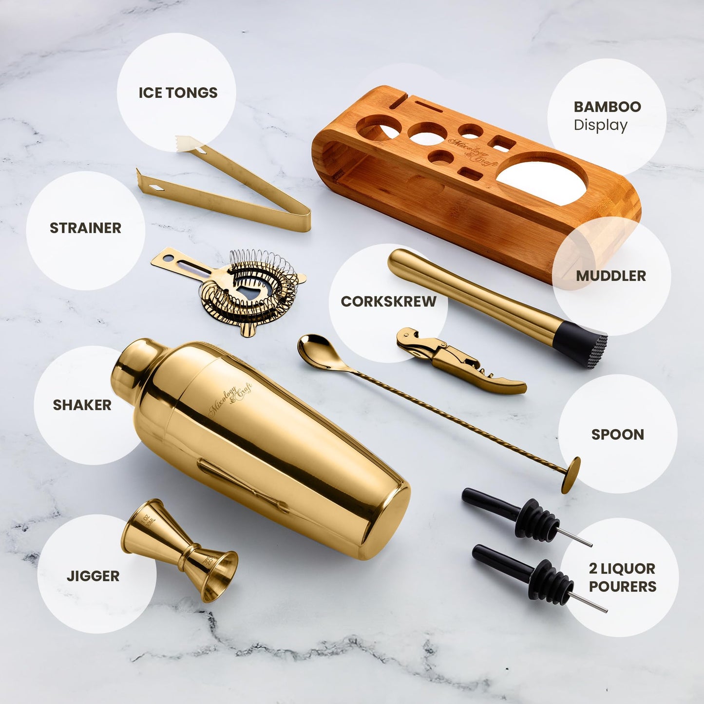 Mixology Bartender Kit: 10-Piece Bar Tool Set with Bamboo Stand | Perfect Home Bartending Kit and Martini Cocktail Shaker Set For a Perfect Drink Mixing Experience | Fun Housewarming Gift (Gold)