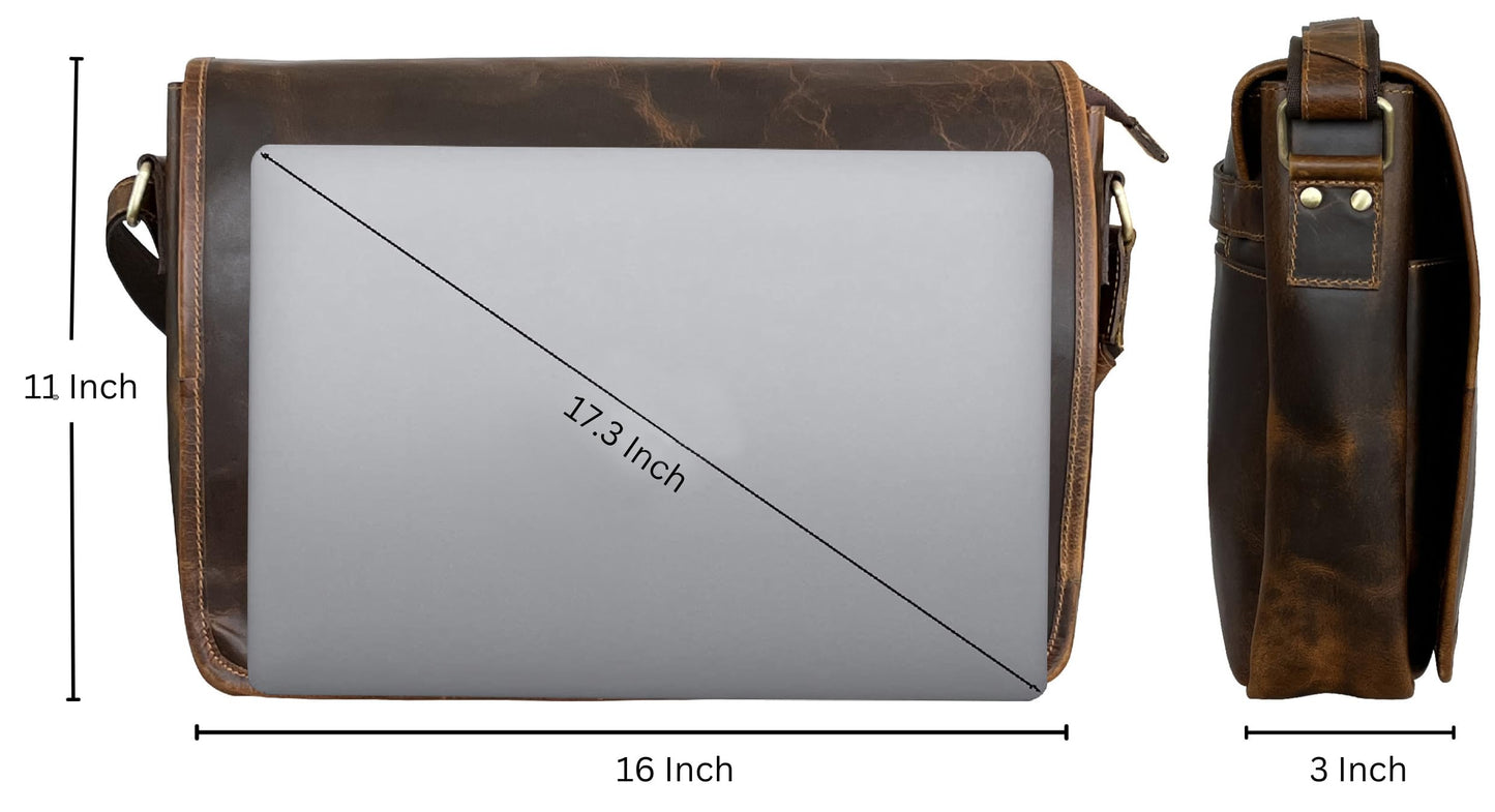 RUSTIC TOWN Leather Messenger Bag for Men Women - Full Grain Leather Laptop Satchel Office Shoulder Bag (16-Inch, Brown)