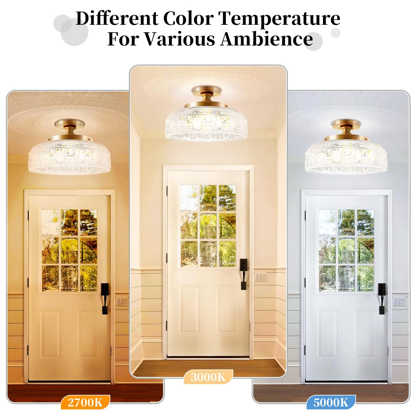Lamomo Semi Flush Mount Ceiling Light, Upgraded Larger Golden Hallway Light Fixture, 3-Bulb Globe Glass Close to Ceiling Scone,Indoor Hanging Light for Bedroom Kitchen Porch Hallway,Bulbs Not Included